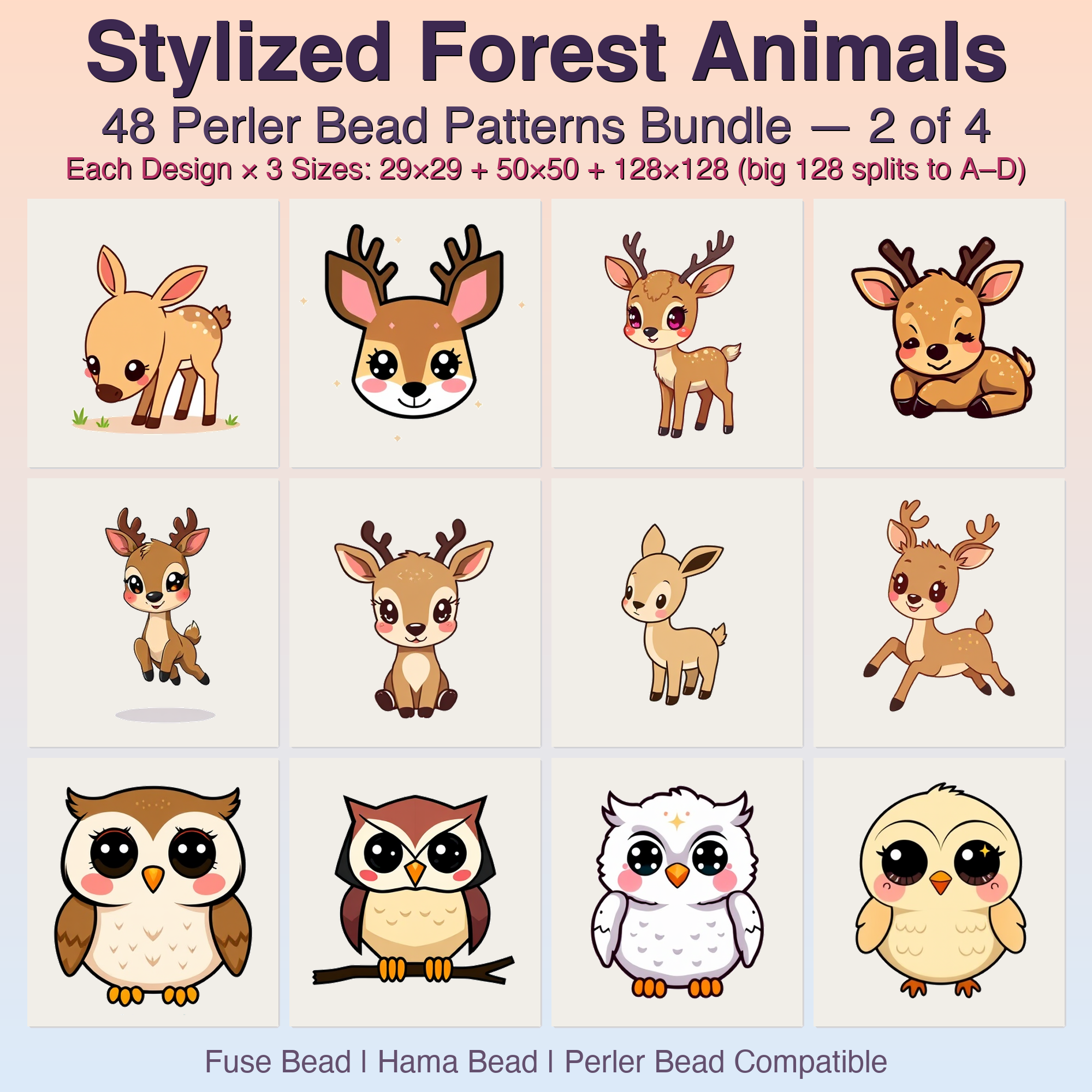 Stylized Forest Animals Perler Bead Patterns, 48 Designs x 3 Grid Sizes (29x29 + 50x50 + 128x128), Fuse Bead PDF Digital Download