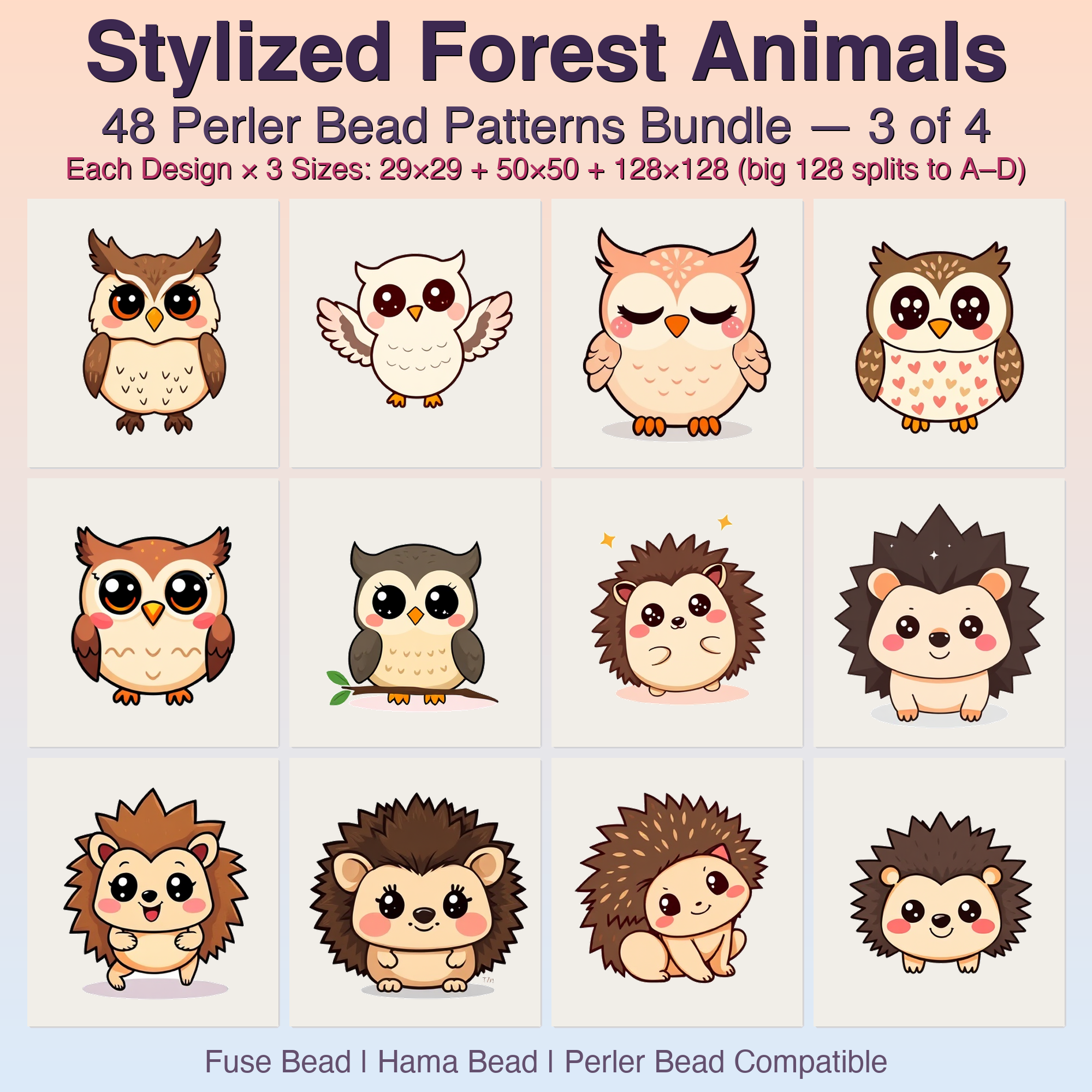 Stylized Forest Animals Perler Bead Patterns, 48 Designs x 3 Grid Sizes (29x29 + 50x50 + 128x128), Fuse Bead PDF Digital Download
