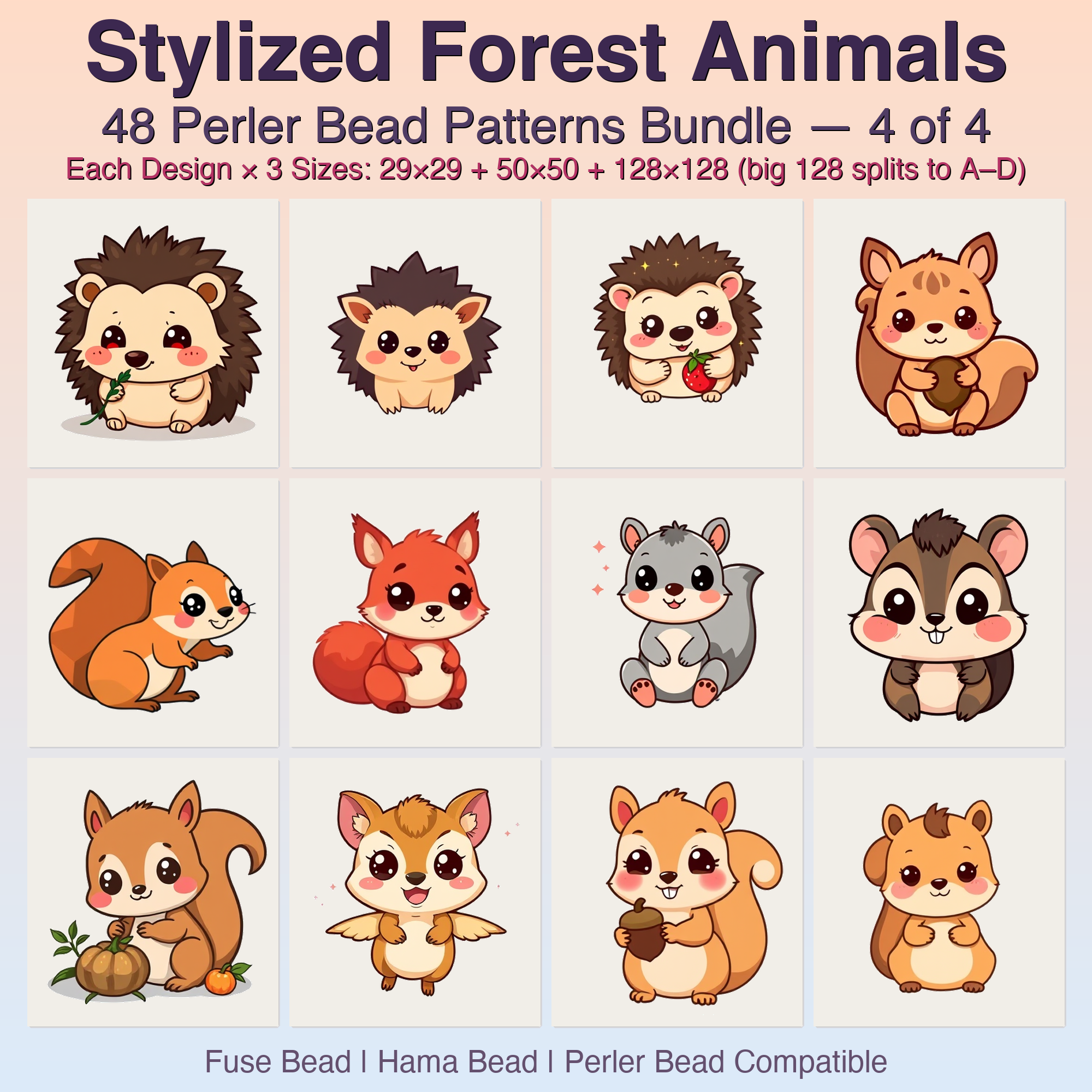 Stylized Forest Animals Perler Bead Patterns, 48 Designs x 3 Grid Sizes (29x29 + 50x50 + 128x128), Fuse Bead PDF Digital Download