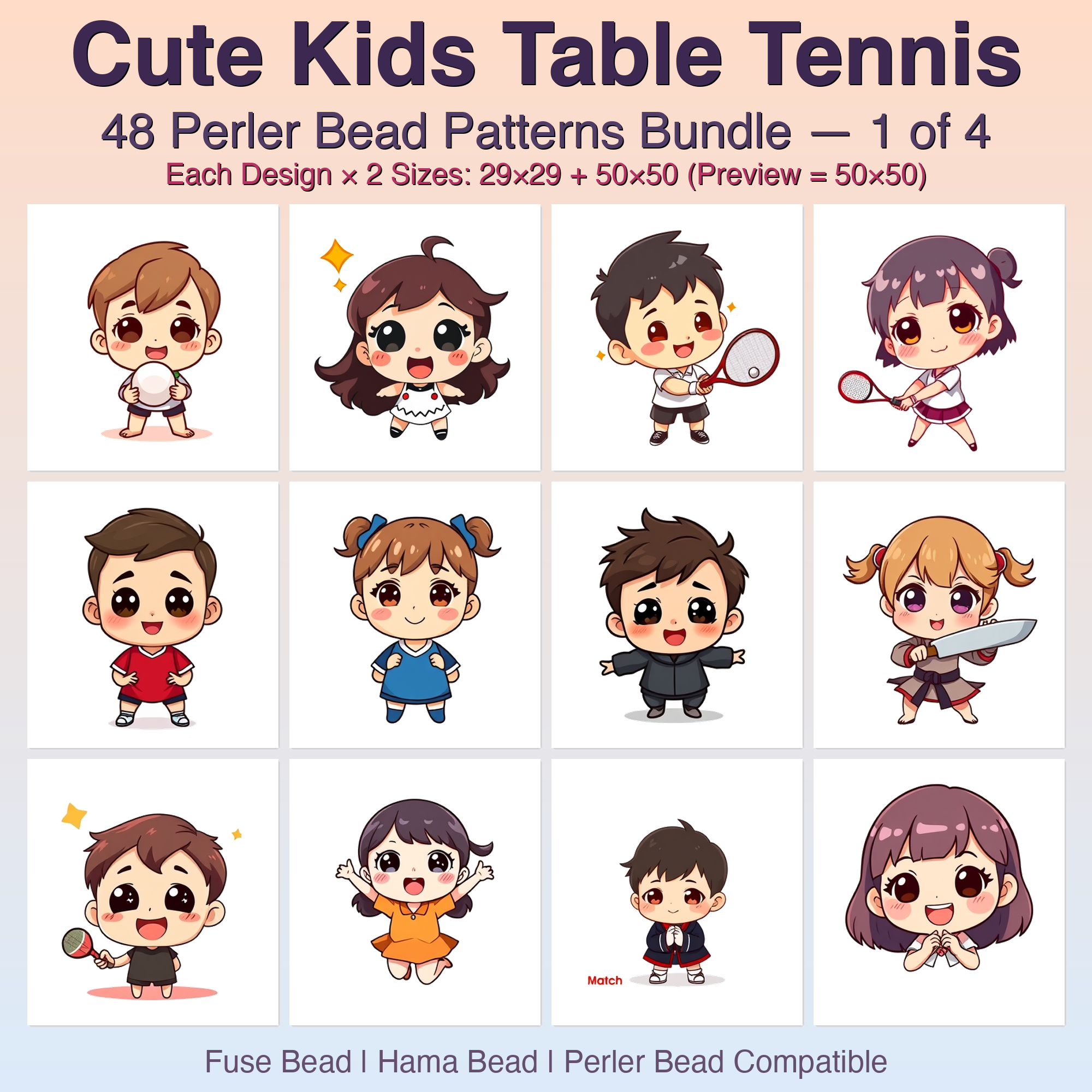 Cute Kids Table Tennis Perler Bead Patterns Bundle, 48 Designs (PDF Digital Download)