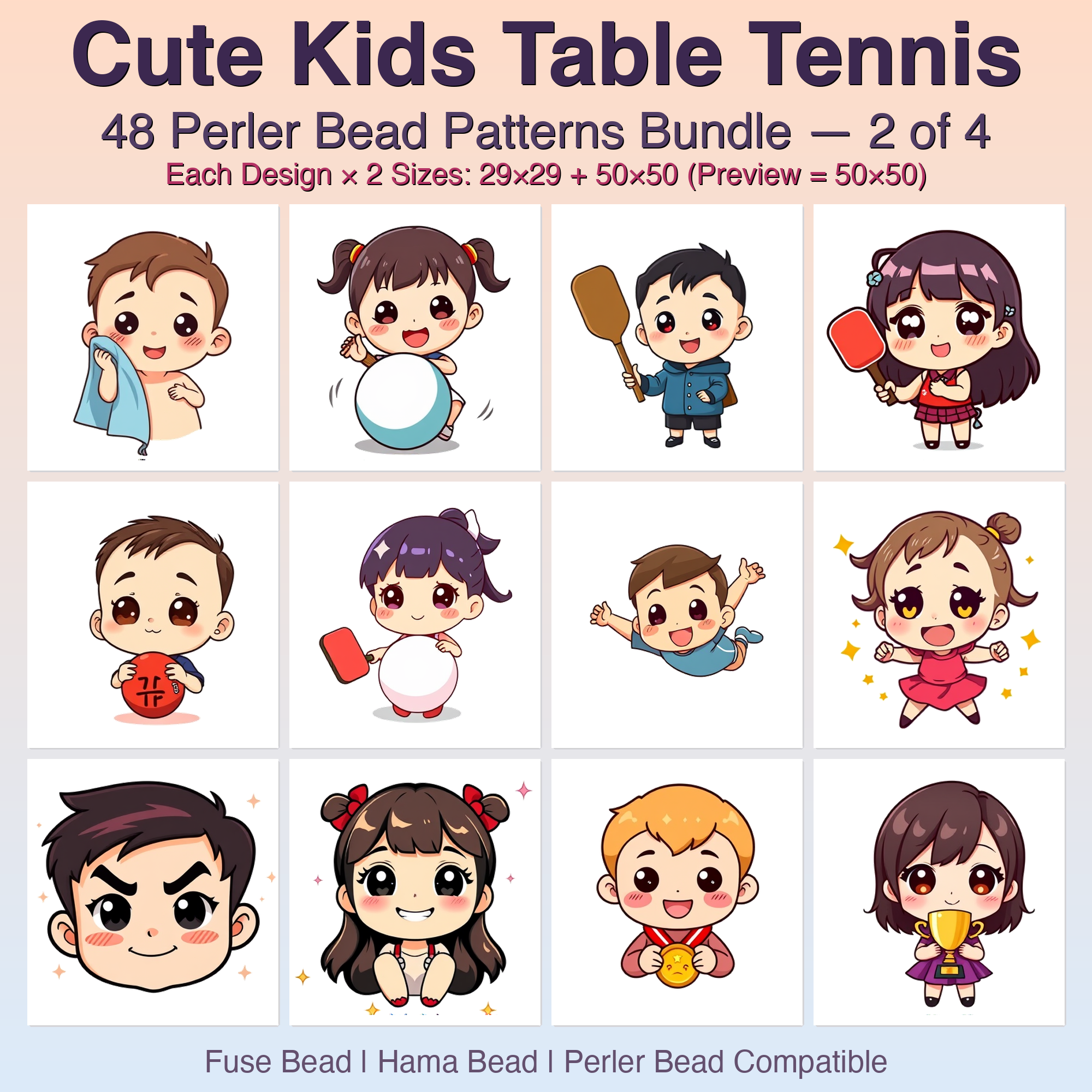 Cute Kids Table Tennis Perler Bead Patterns Bundle, 48 Designs (PDF Digital Download)