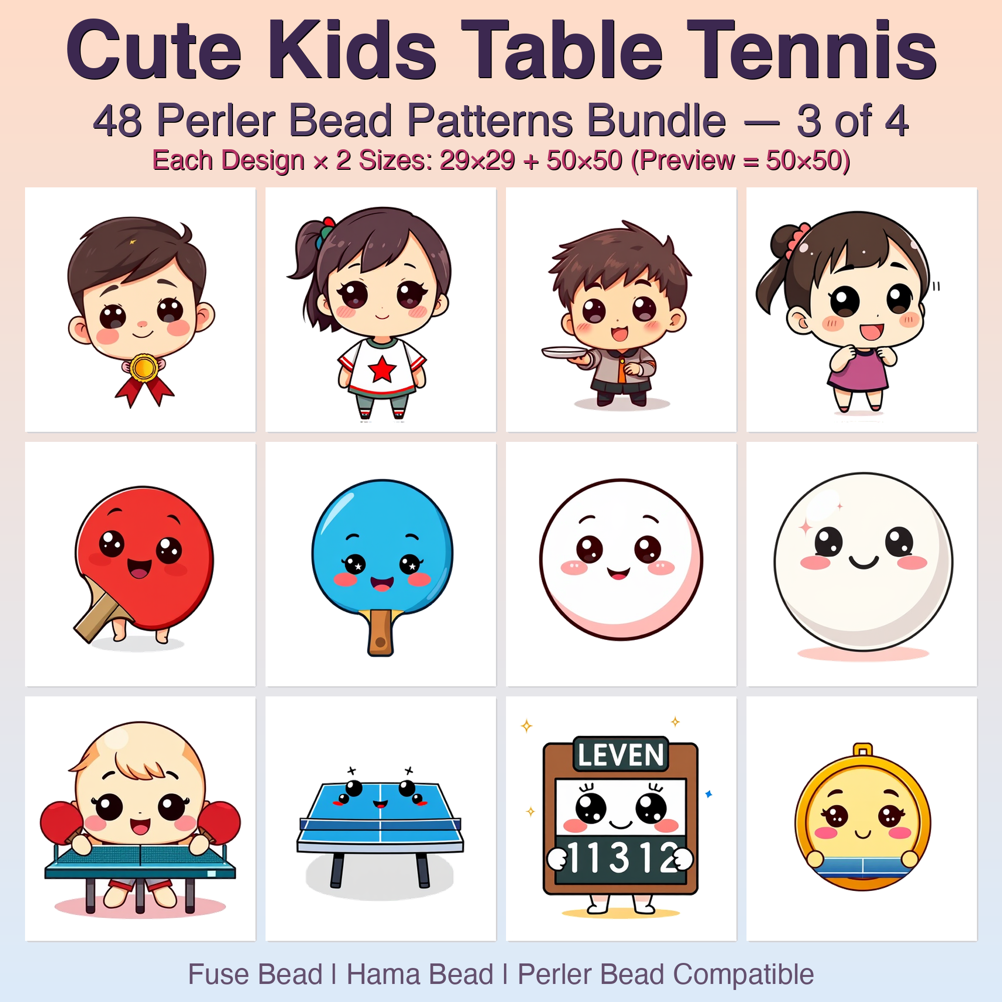 Cute Kids Table Tennis Perler Bead Patterns Bundle, 48 Designs (PDF Digital Download)