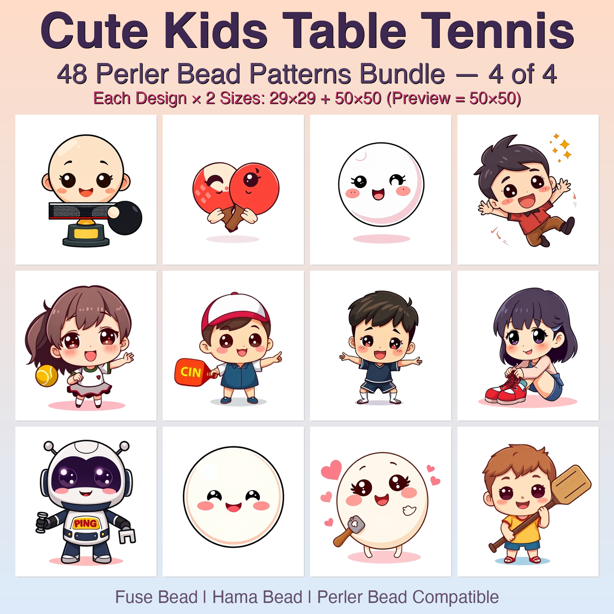 Cute Kids Table Tennis Perler Bead Patterns Bundle, 48 Designs (PDF Digital Download)