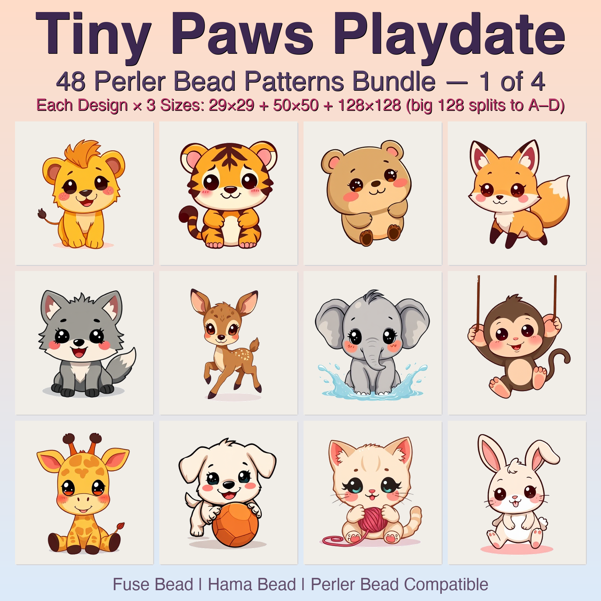 Tiny Paws Playdate Perler Bead Patterns, 48 Designs x 3 Grid Sizes (29x29 + 50x50 + 128x128), Fuse Bead PDF Digital Download