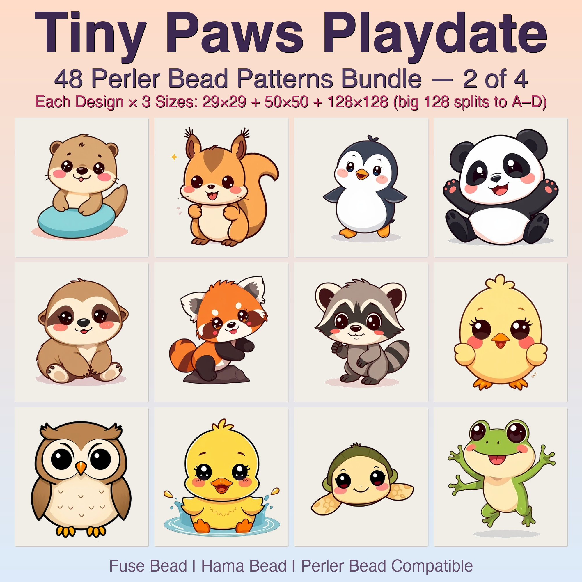 Tiny Paws Playdate Perler Bead Patterns, 48 Designs x 3 Grid Sizes (29x29 + 50x50 + 128x128), Fuse Bead PDF Digital Download