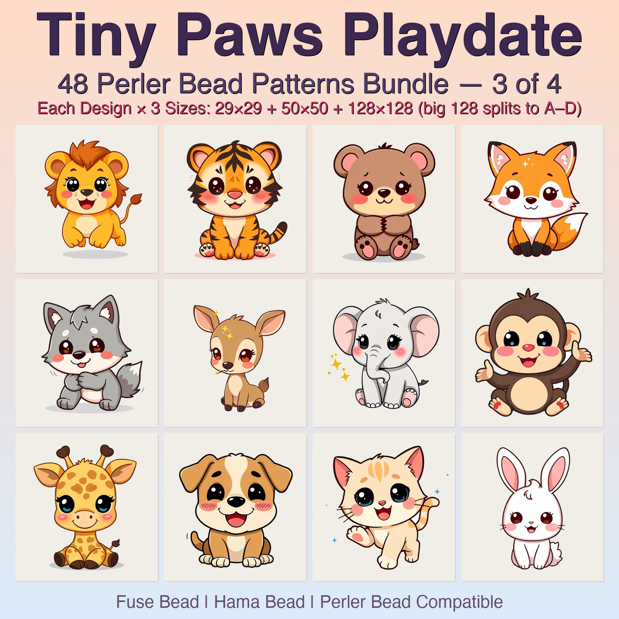 Tiny Paws Playdate Perler Bead Patterns, 48 Designs x 3 Grid Sizes (29x29 + 50x50 + 128x128), Fuse Bead PDF Digital Download