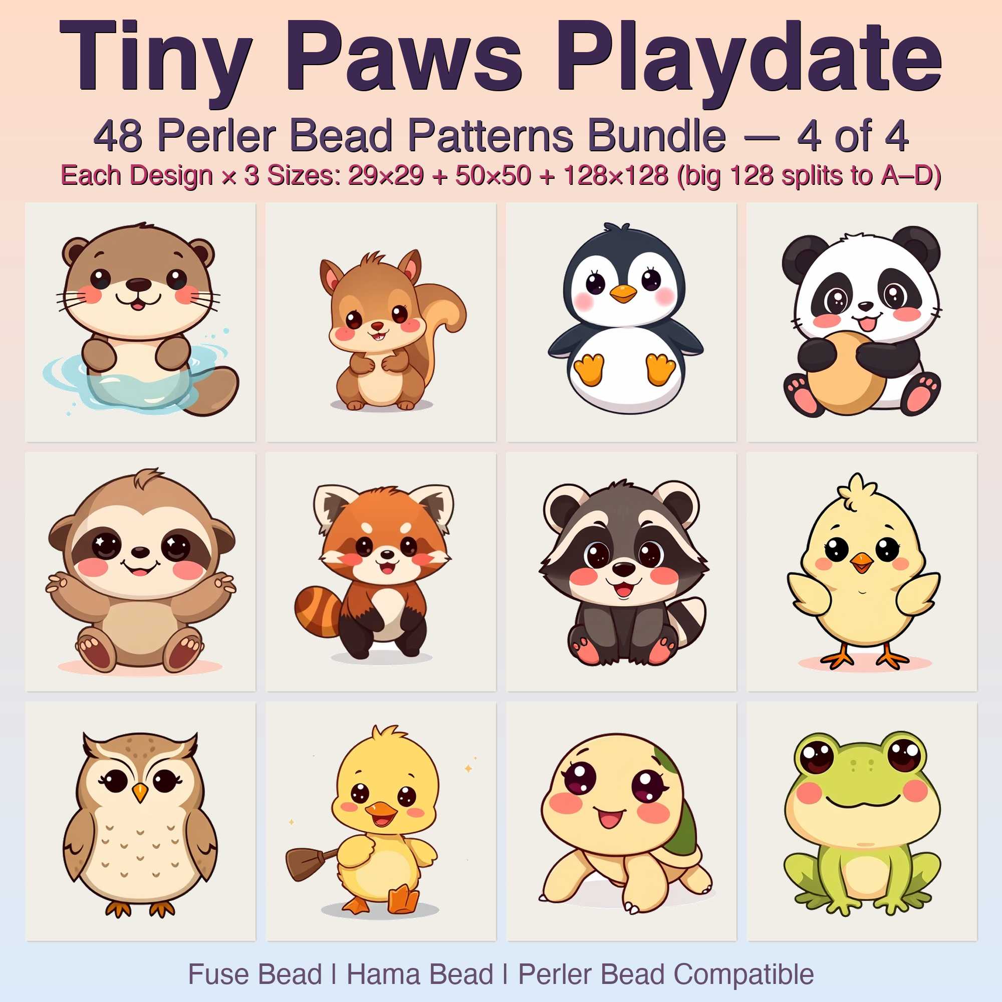 Tiny Paws Playdate Perler Bead Patterns, 48 Designs x 3 Grid Sizes (29x29 + 50x50 + 128x128), Fuse Bead PDF Digital Download