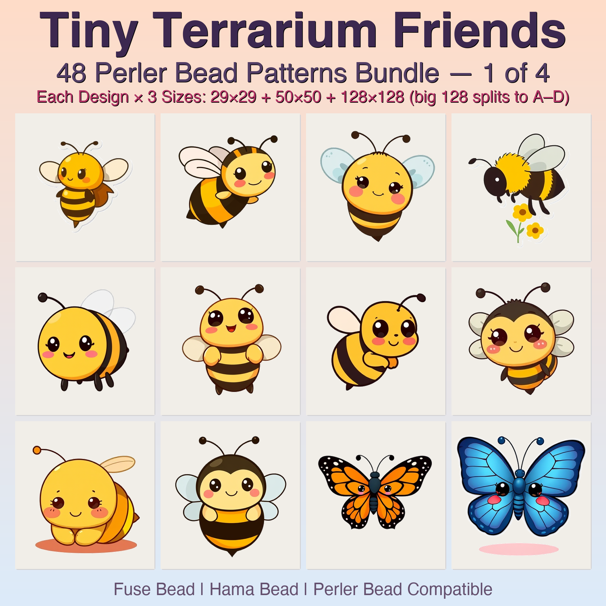 Tiny Terrarium Friends Perler Bead Patterns, 48 Designs x 3 Grid Sizes (29x29 + 50x50 + 128x128), Fuse Bead PDF Digital Download