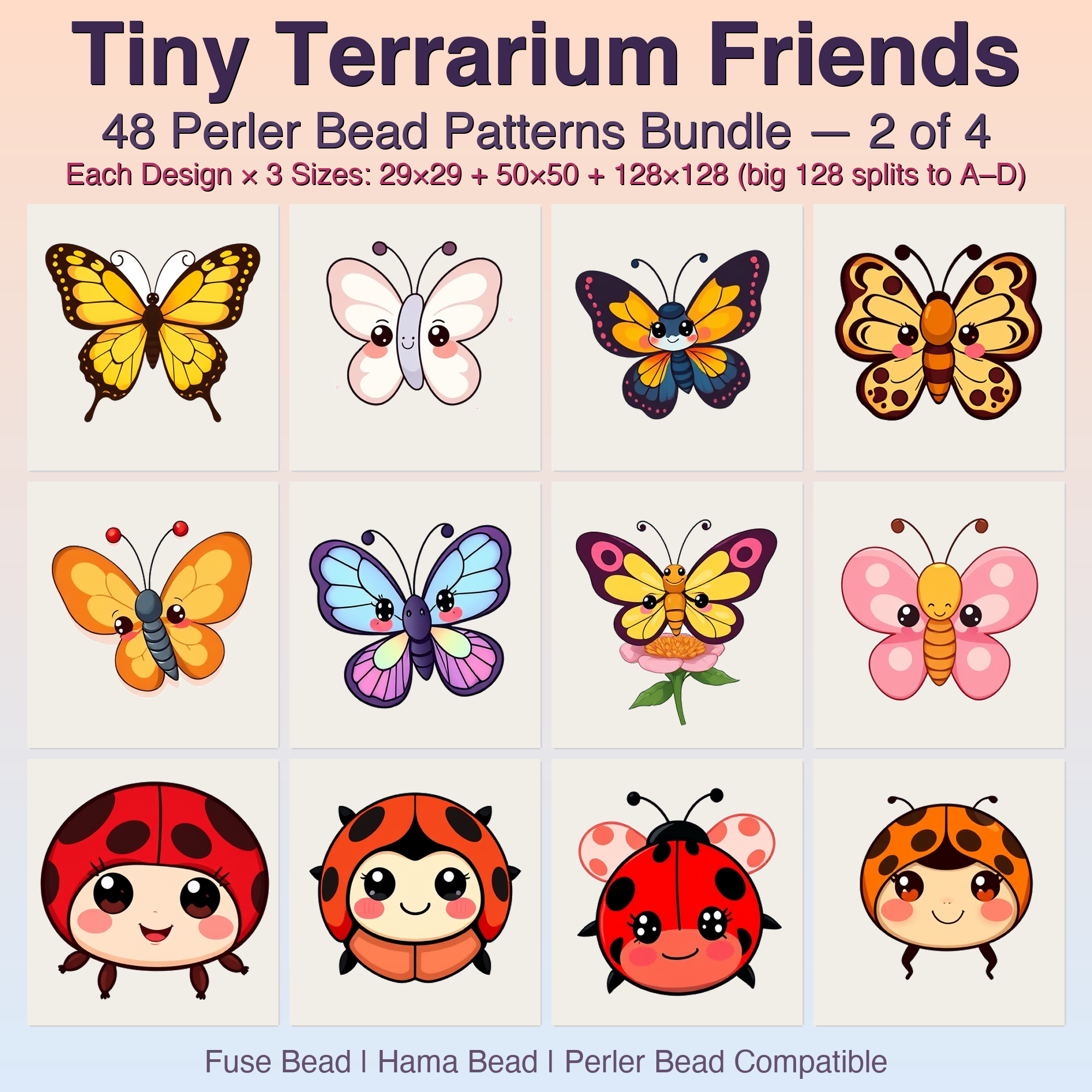 Tiny Terrarium Friends Perler Bead Patterns, 48 Designs x 3 Grid Sizes (29x29 + 50x50 + 128x128), Fuse Bead PDF Digital Download