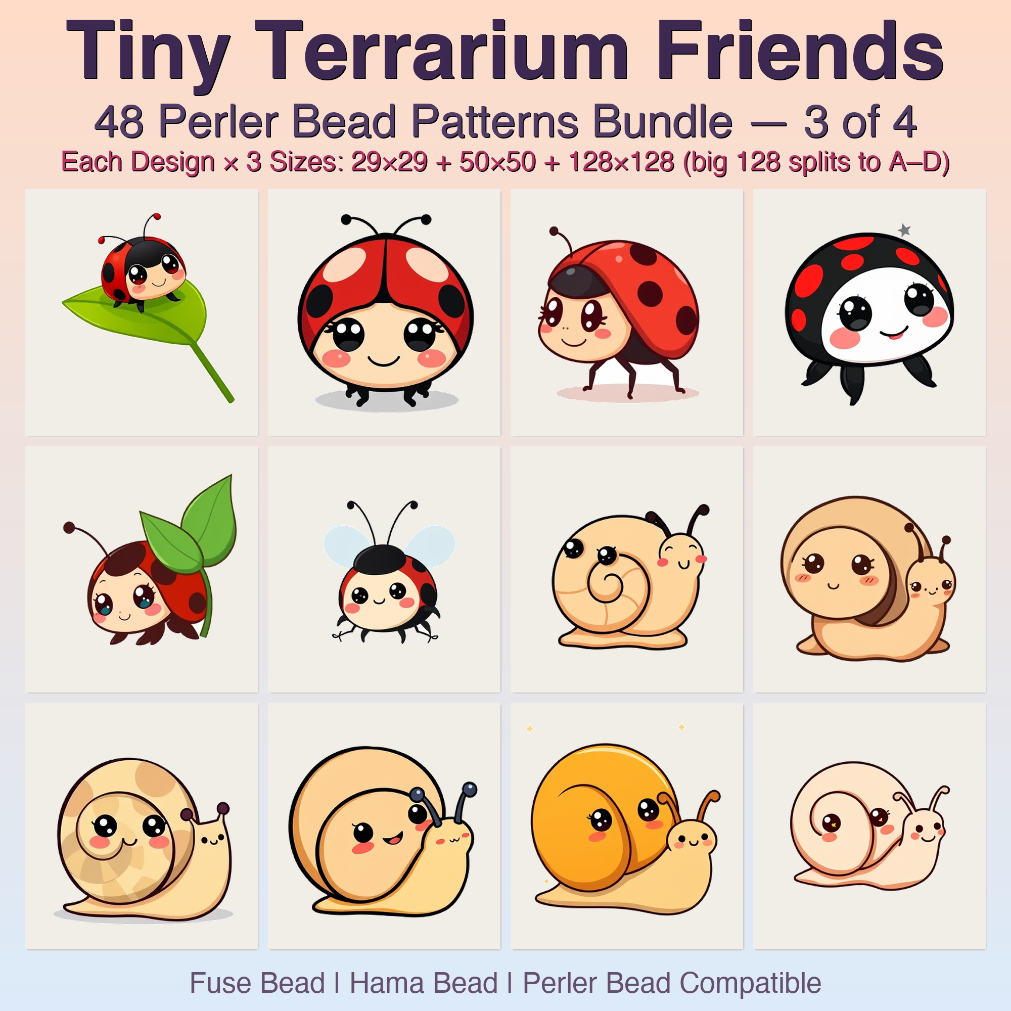 Tiny Terrarium Friends Perler Bead Patterns, 48 Designs x 3 Grid Sizes (29x29 + 50x50 + 128x128), Fuse Bead PDF Digital Download