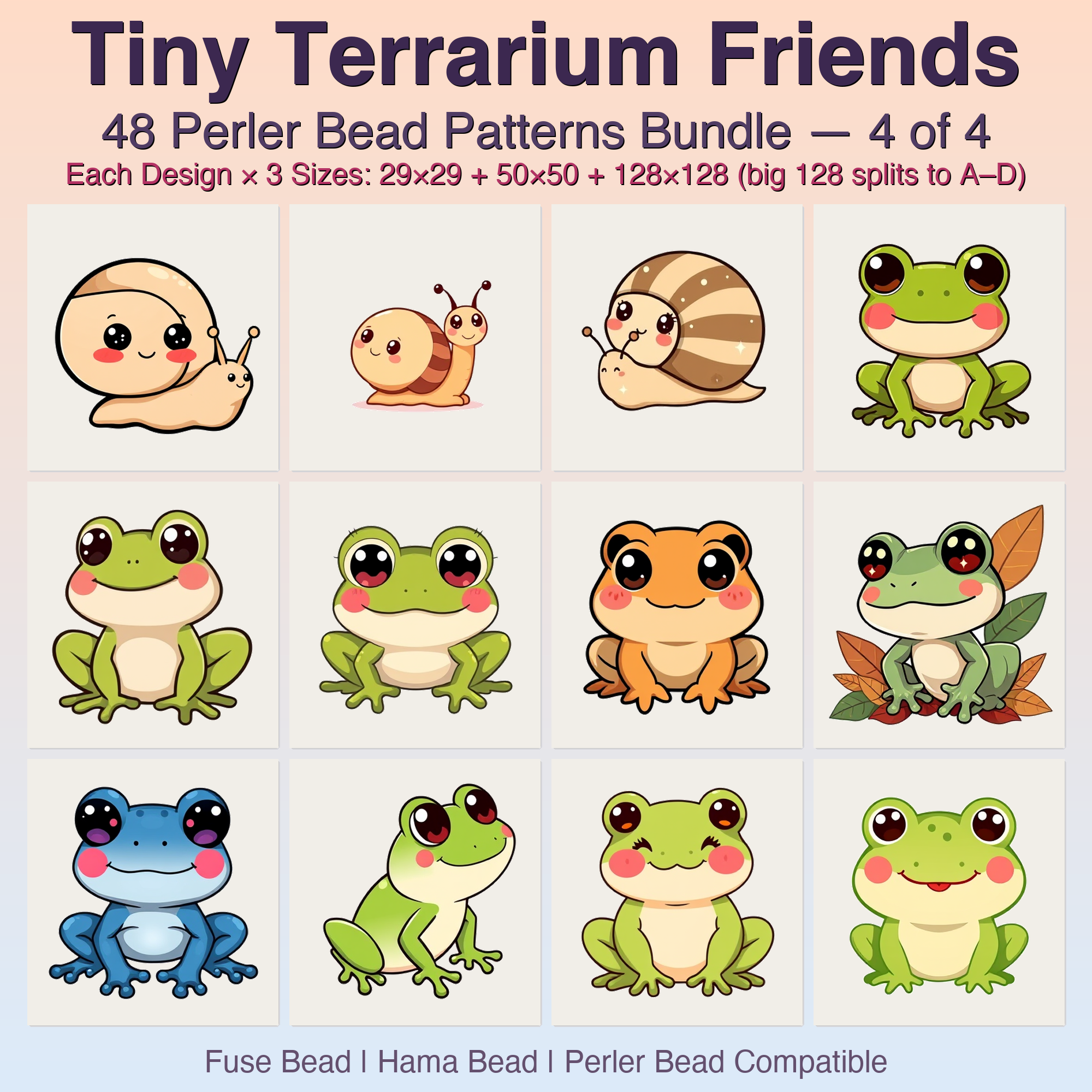 Tiny Terrarium Friends Perler Bead Patterns, 48 Designs x 3 Grid Sizes (29x29 + 50x50 + 128x128), Fuse Bead PDF Digital Download
