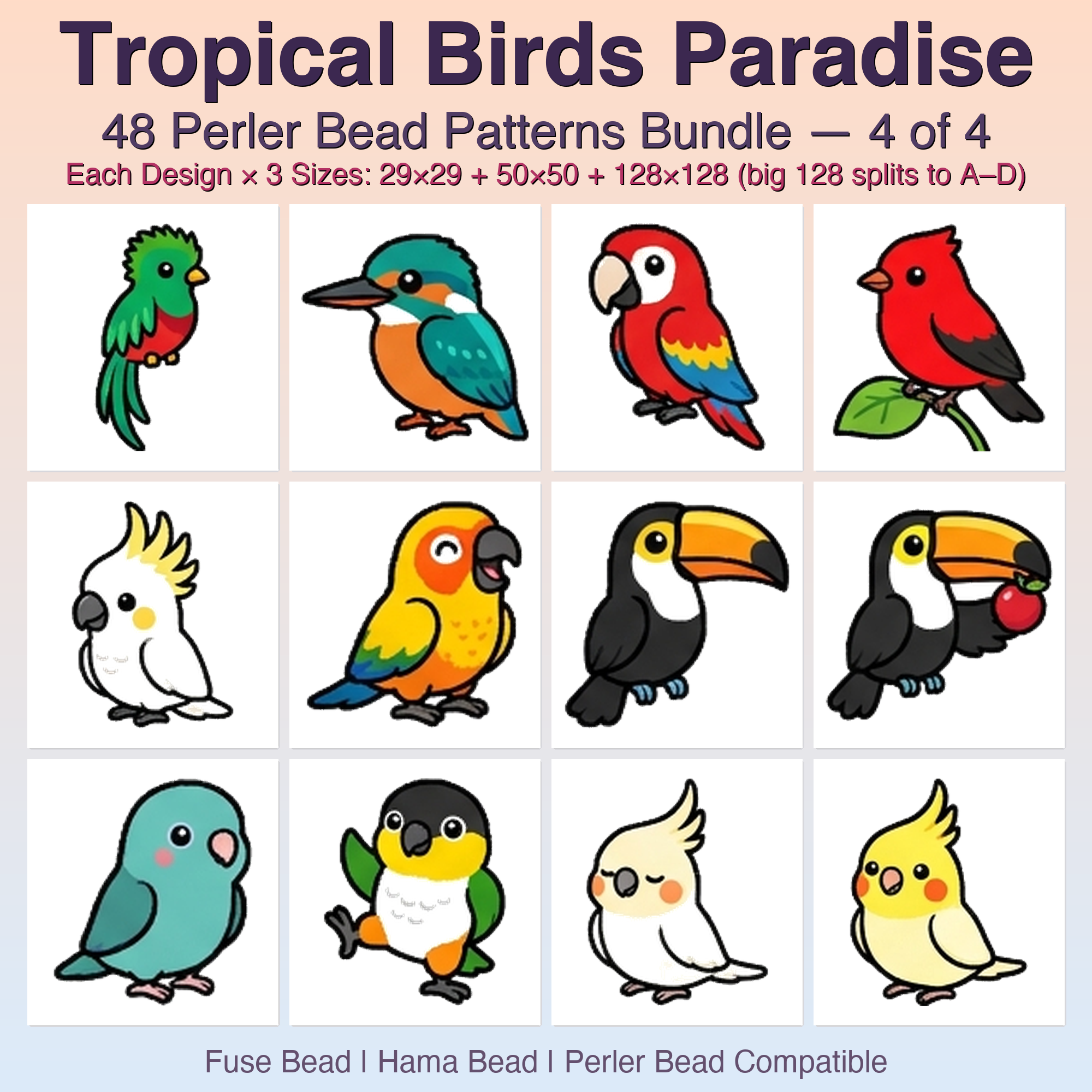 Tropical Birds Paradise Perler Bead Patterns, 48 Designs x 3 Grid Sizes (29x29 + 50x50 + 128x128), Fuse Bead PDF Digital Download
