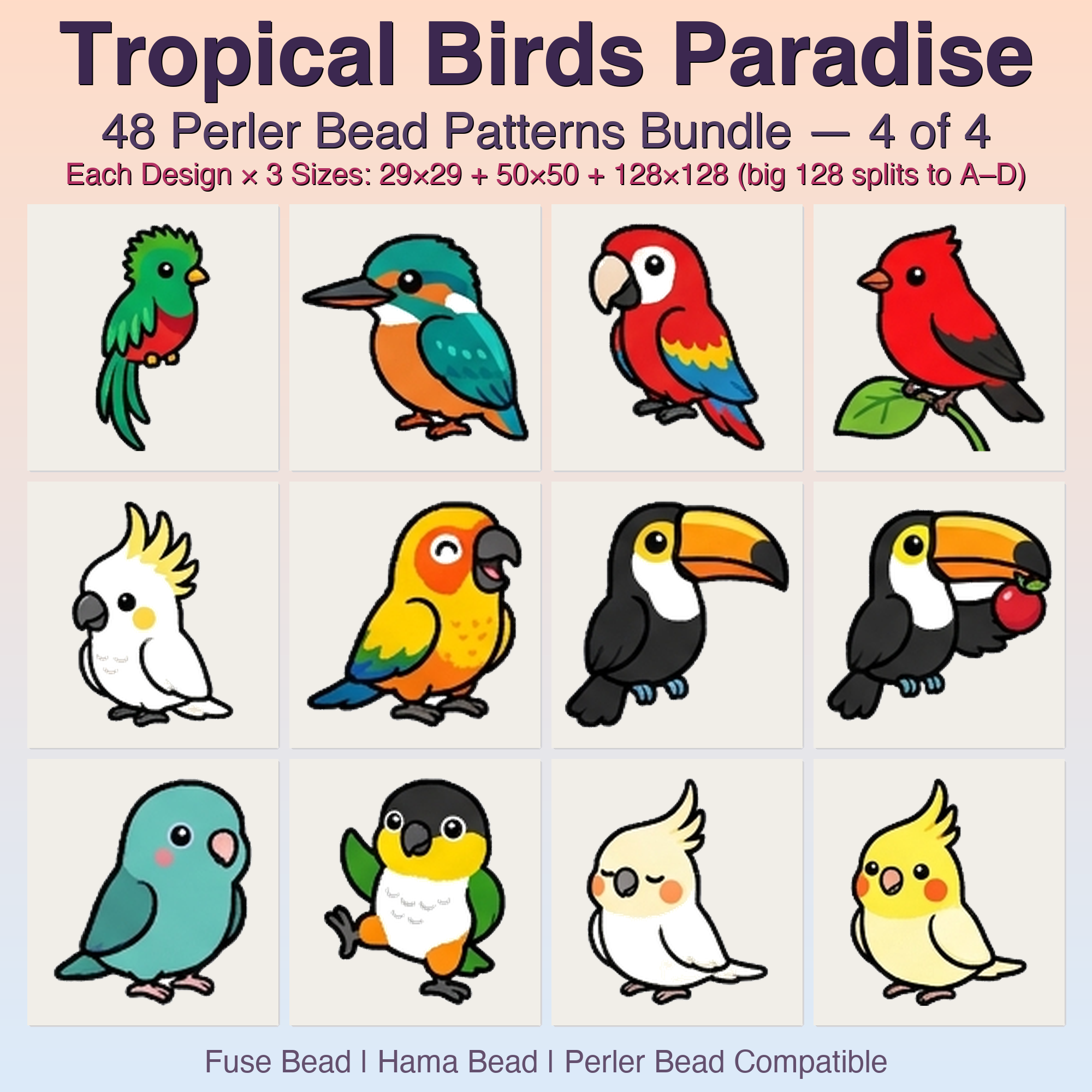 Tropical Birds Paradise Perler Bead Patterns, 48 Designs x 3 Grid Sizes (29x29 + 50x50 + 128x128), Fuse Bead PDF Digital Download