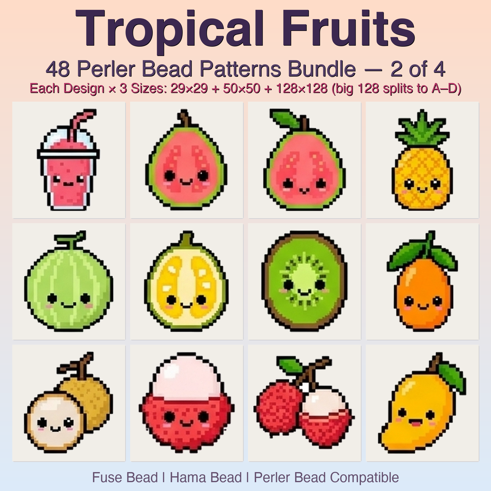 Tropical Fruits Perler Bead Patterns, 48 Designs x 3 Grid Sizes (29x29 + 50x50 + 128x128), Fuse Bead PDF Digital Download
