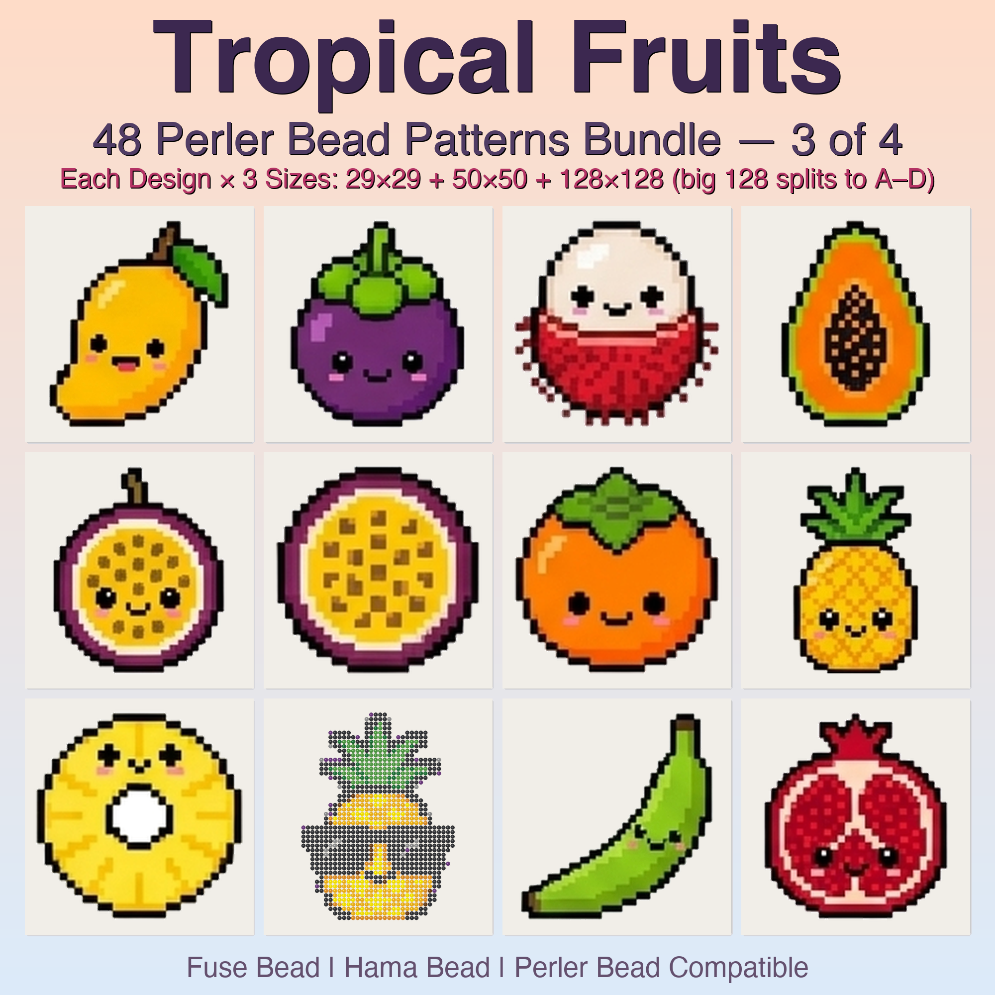 Tropical Fruits Perler Bead Patterns, 48 Designs x 3 Grid Sizes (29x29 + 50x50 + 128x128), Fuse Bead PDF Digital Download