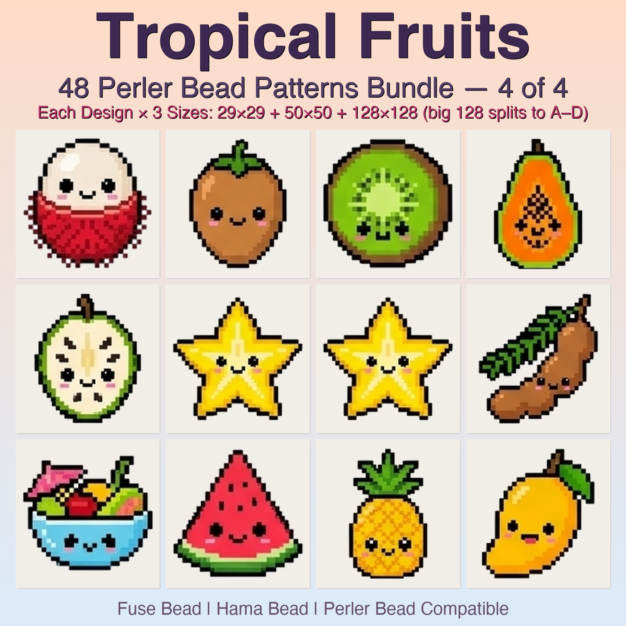 Tropical Fruits Perler Bead Patterns, 48 Designs x 3 Grid Sizes (29x29 + 50x50 + 128x128), Fuse Bead PDF Digital Download