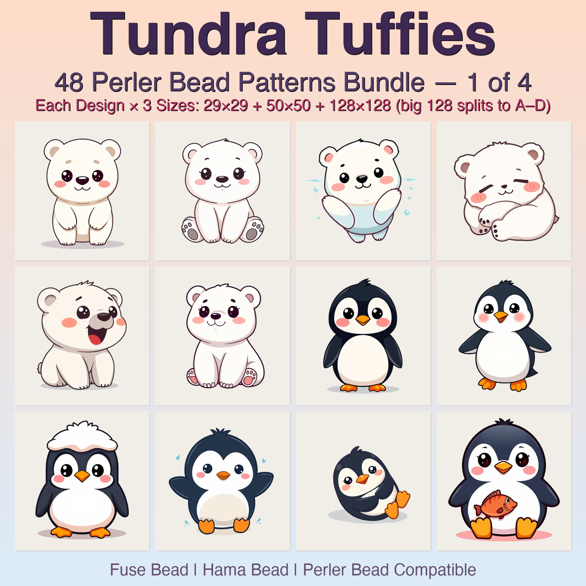 Tundra Tuffies Perler Bead Patterns, 48 Designs x 3 Grid Sizes (29x29 + 50x50 + 128x128), Fuse Bead PDF Digital Download