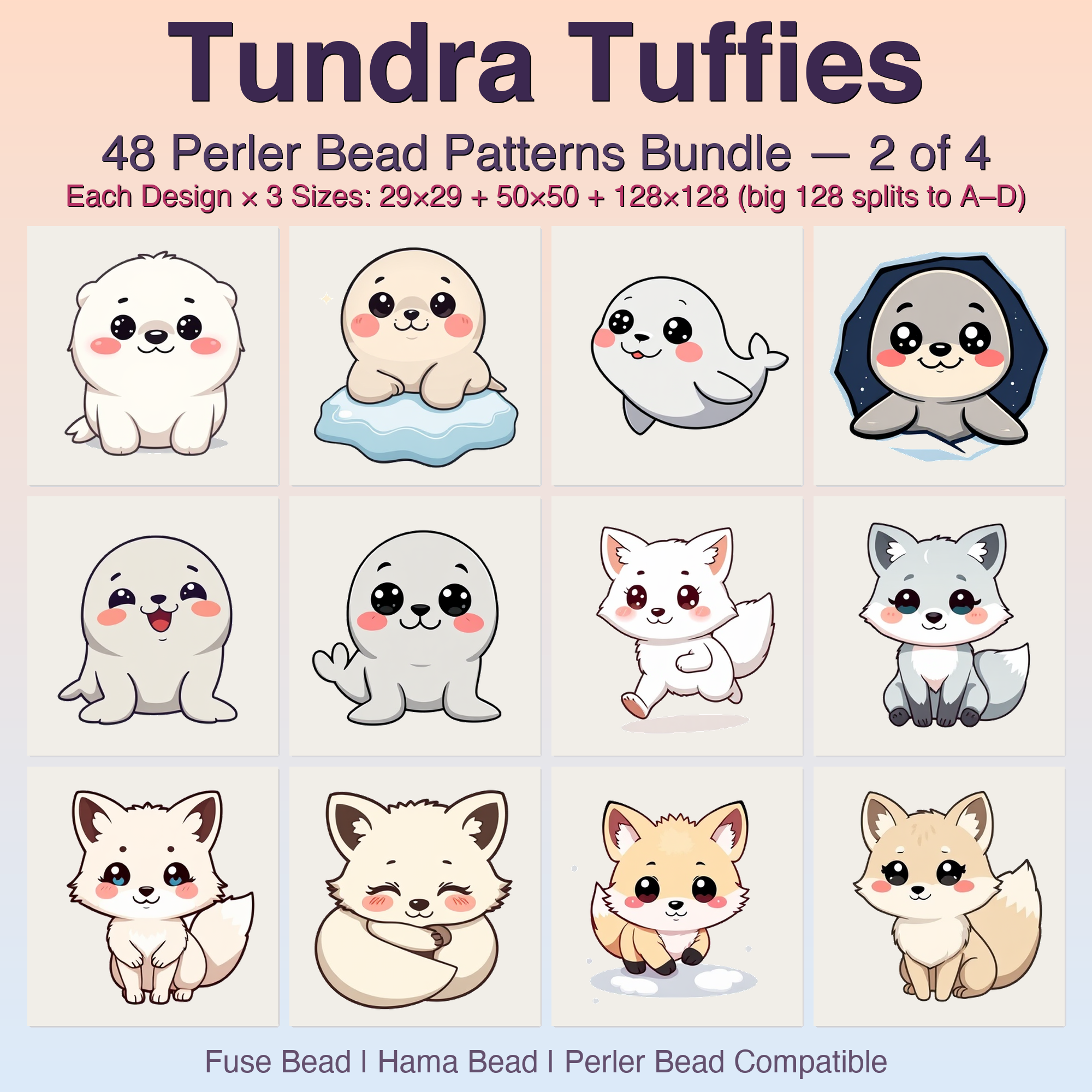 Tundra Tuffies Perler Bead Patterns, 48 Designs x 3 Grid Sizes (29x29 + 50x50 + 128x128), Fuse Bead PDF Digital Download