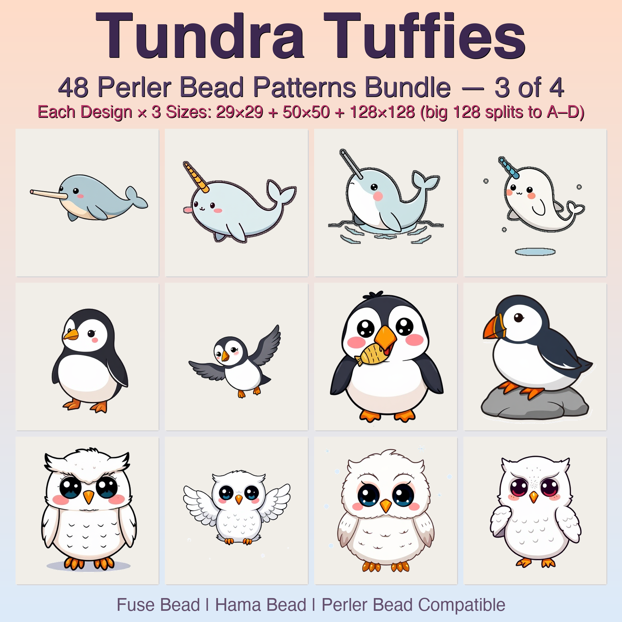 Tundra Tuffies Perler Bead Patterns, 48 Designs x 3 Grid Sizes (29x29 + 50x50 + 128x128), Fuse Bead PDF Digital Download