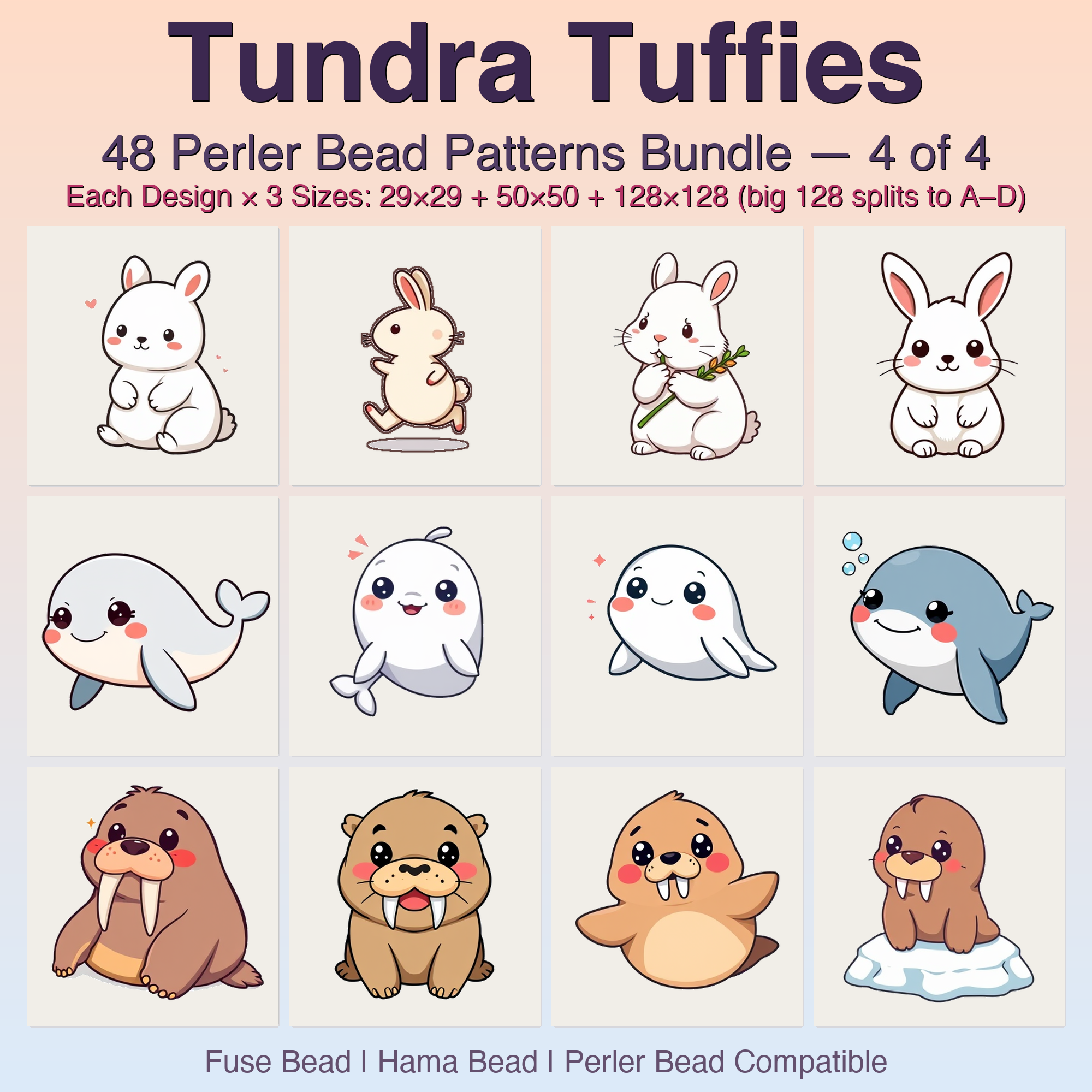 Tundra Tuffies Perler Bead Patterns, 48 Designs x 3 Grid Sizes (29x29 + 50x50 + 128x128), Fuse Bead PDF Digital Download