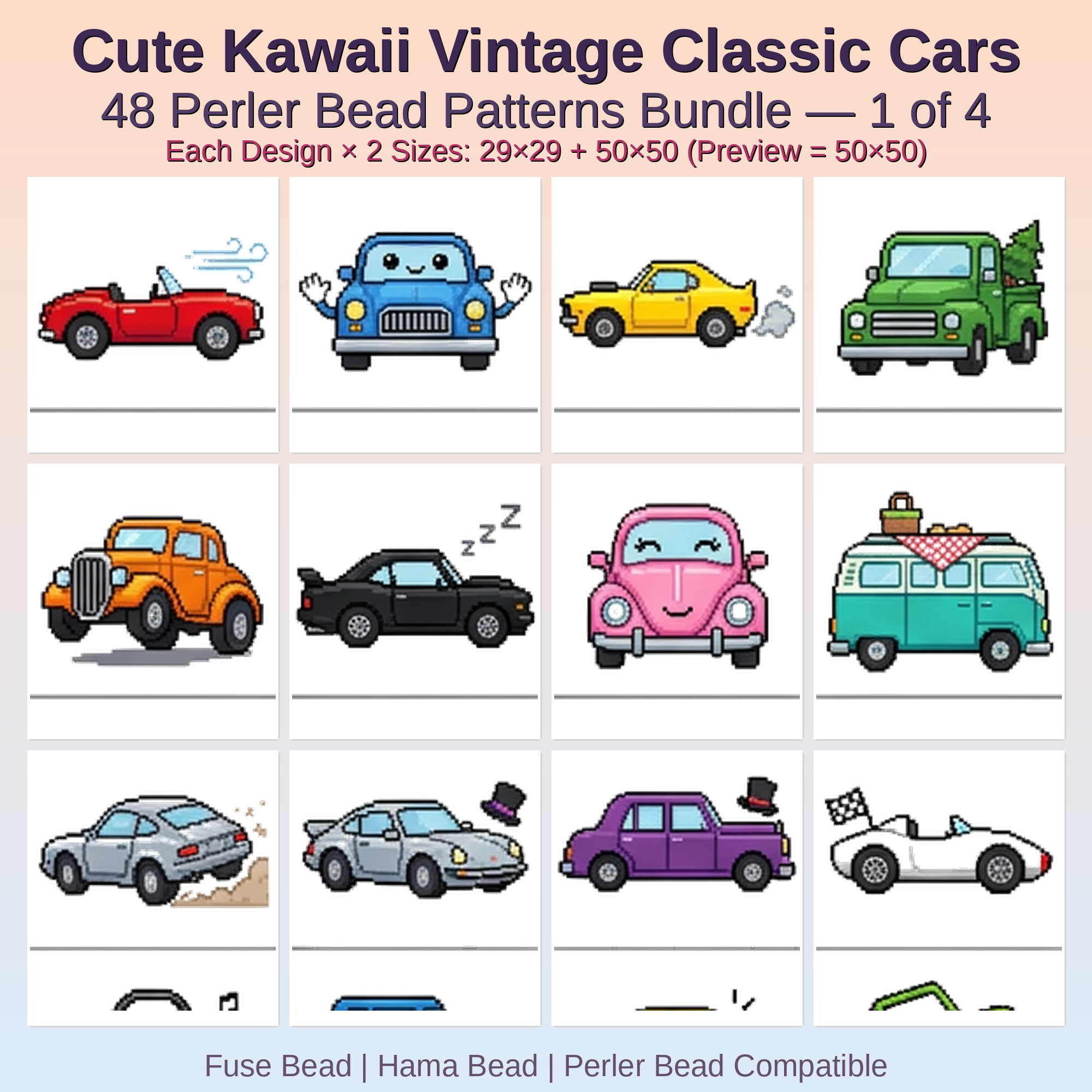 Cute Kawaii Vintage Classic Cars Perler Bead Patterns Bundle, 48 Designs (PDF Digital Download)