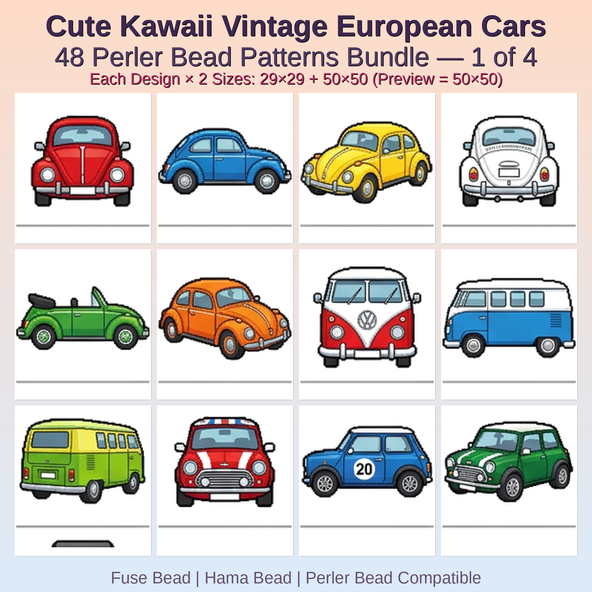 Cute Kawaii Vintage European Cars Perler Bead Patterns Bundle, 48 Designs (PDF Digital Download)