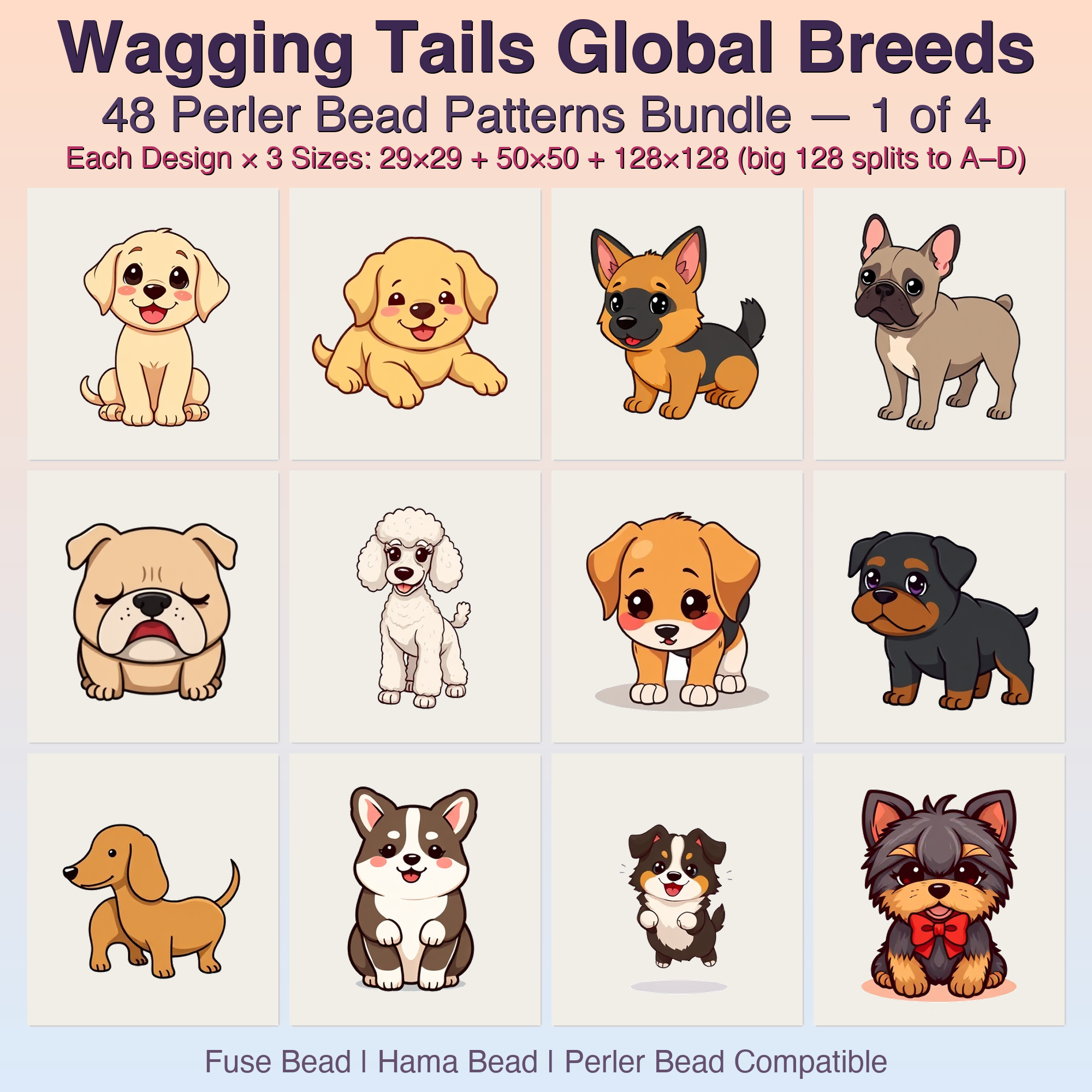 Wagging Tails Global Breeds Perler Bead Patterns, 48 Designs x 3 Grid Sizes (29x29 + 50x50 + 128x128), Fuse Bead PDF Digital Download