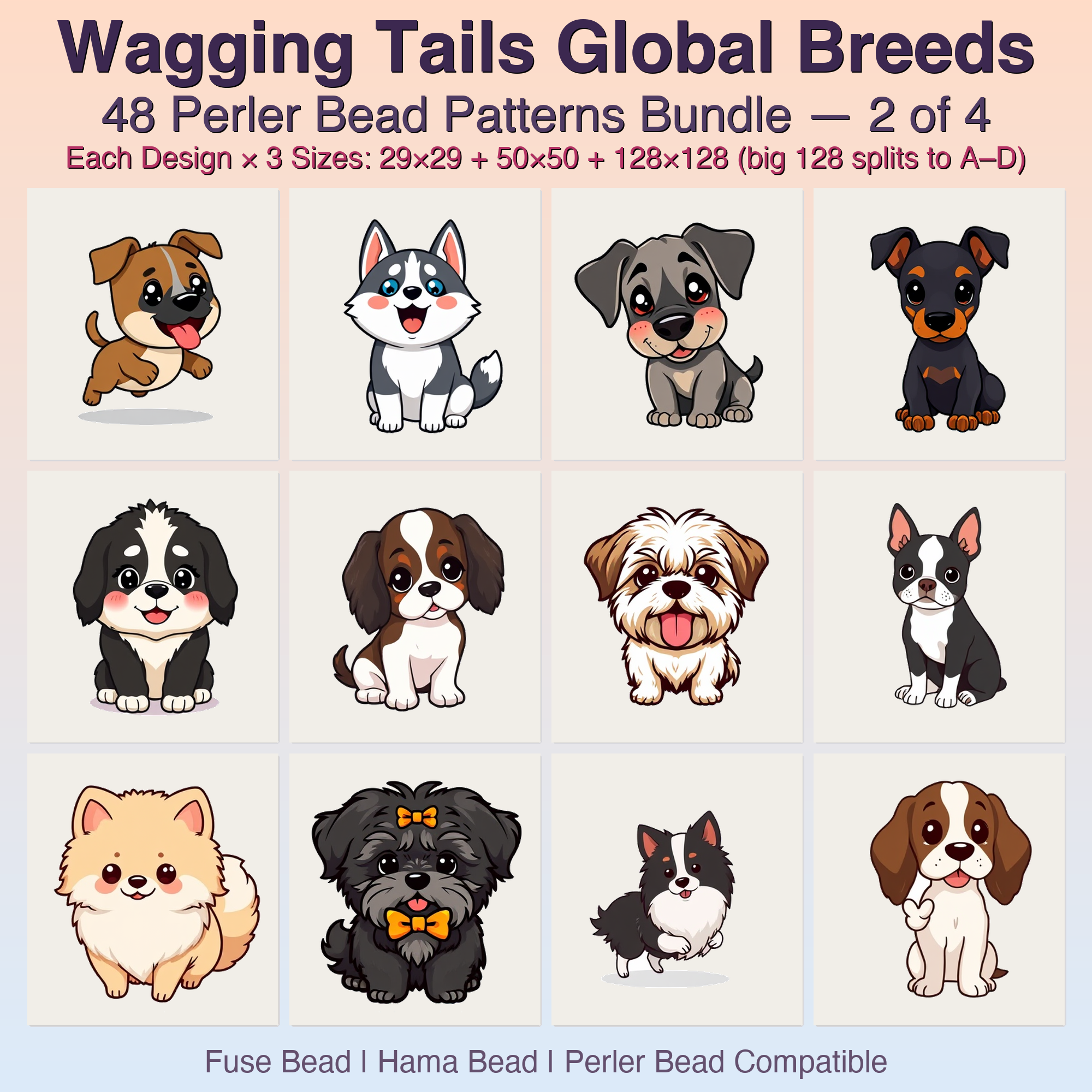 Wagging Tails Global Breeds Perler Bead Patterns, 48 Designs x 3 Grid Sizes (29x29 + 50x50 + 128x128), Fuse Bead PDF Digital Download