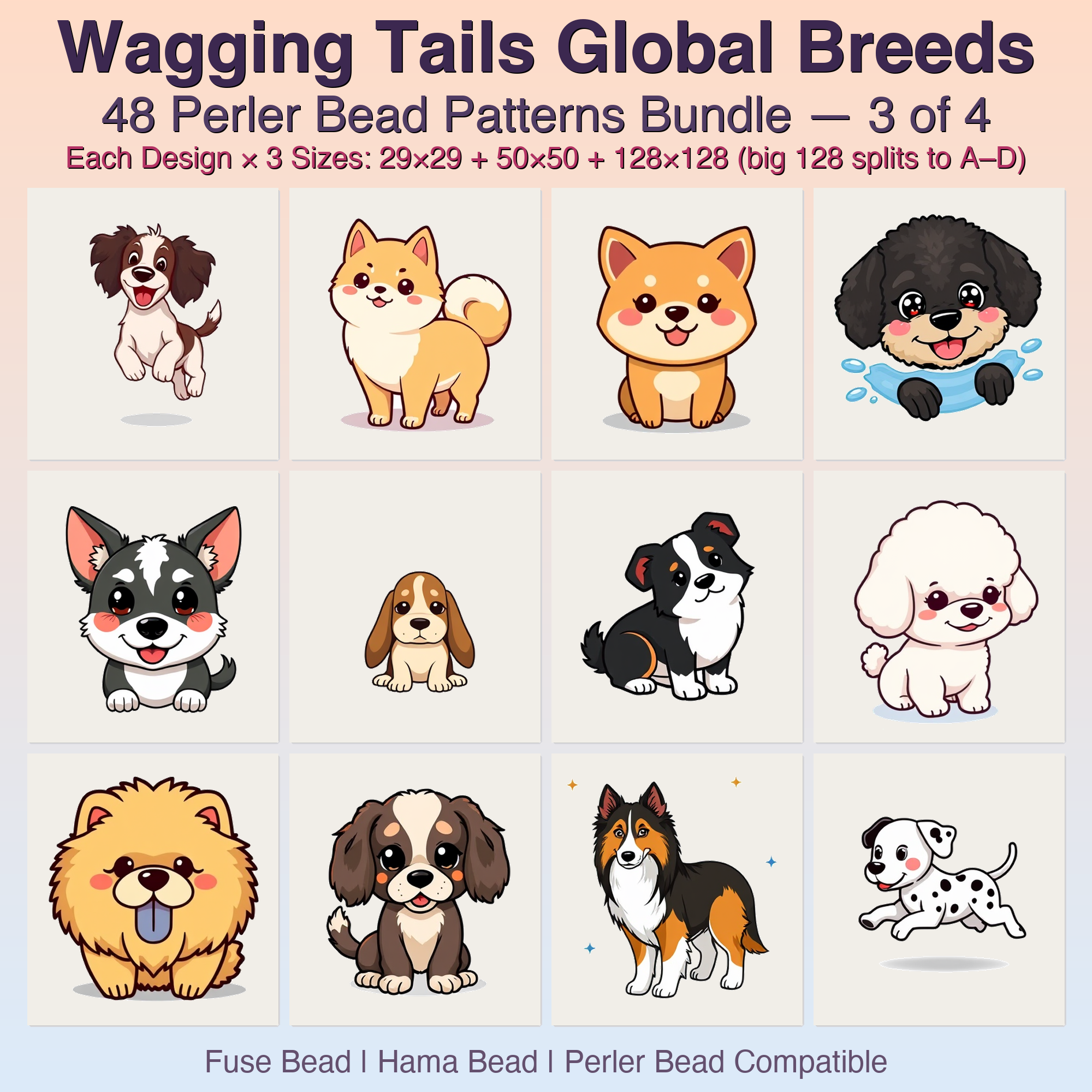 Wagging Tails Global Breeds Perler Bead Patterns, 48 Designs x 3 Grid Sizes (29x29 + 50x50 + 128x128), Fuse Bead PDF Digital Download