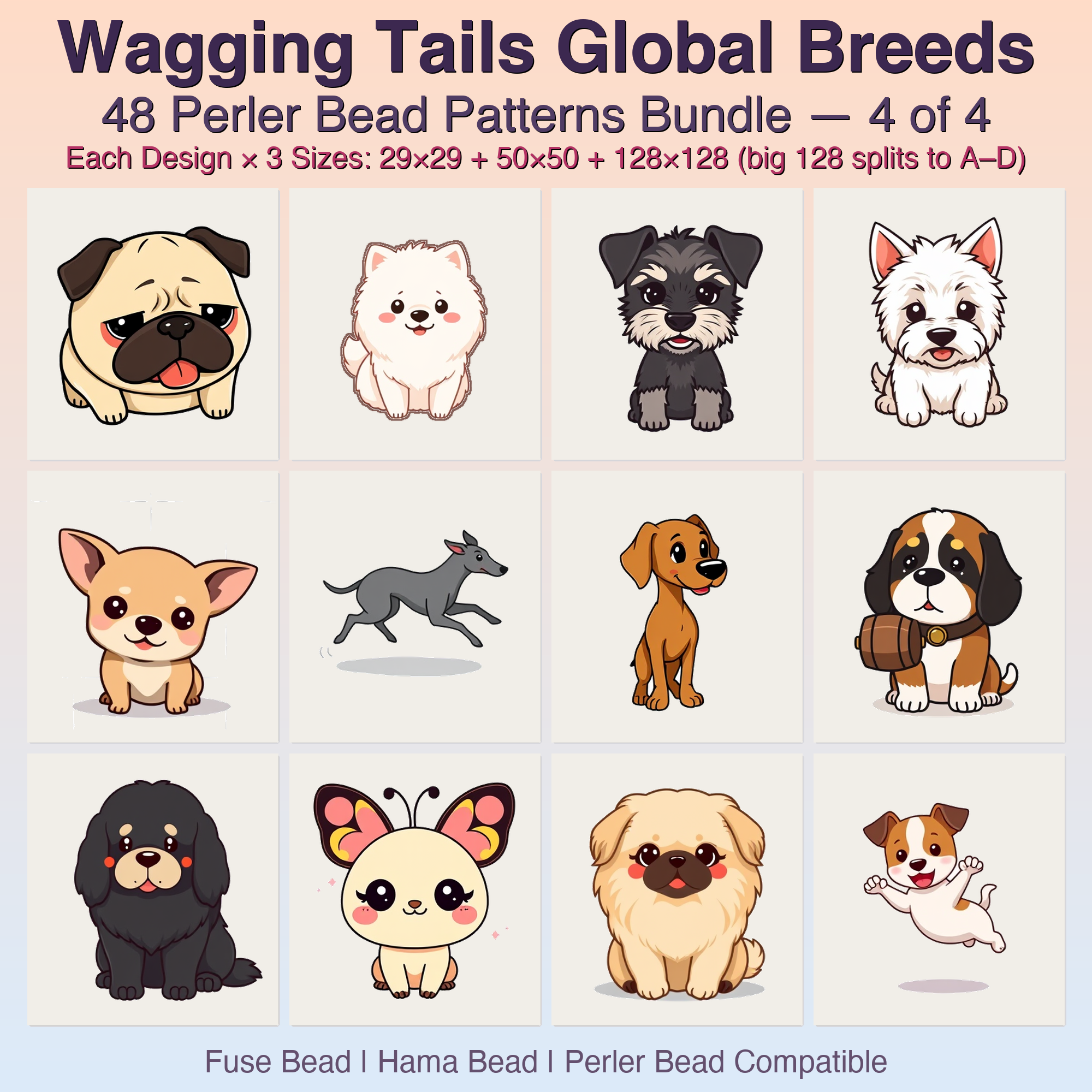 Wagging Tails Global Breeds Perler Bead Patterns, 48 Designs x 3 Grid Sizes (29x29 + 50x50 + 128x128), Fuse Bead PDF Digital Download