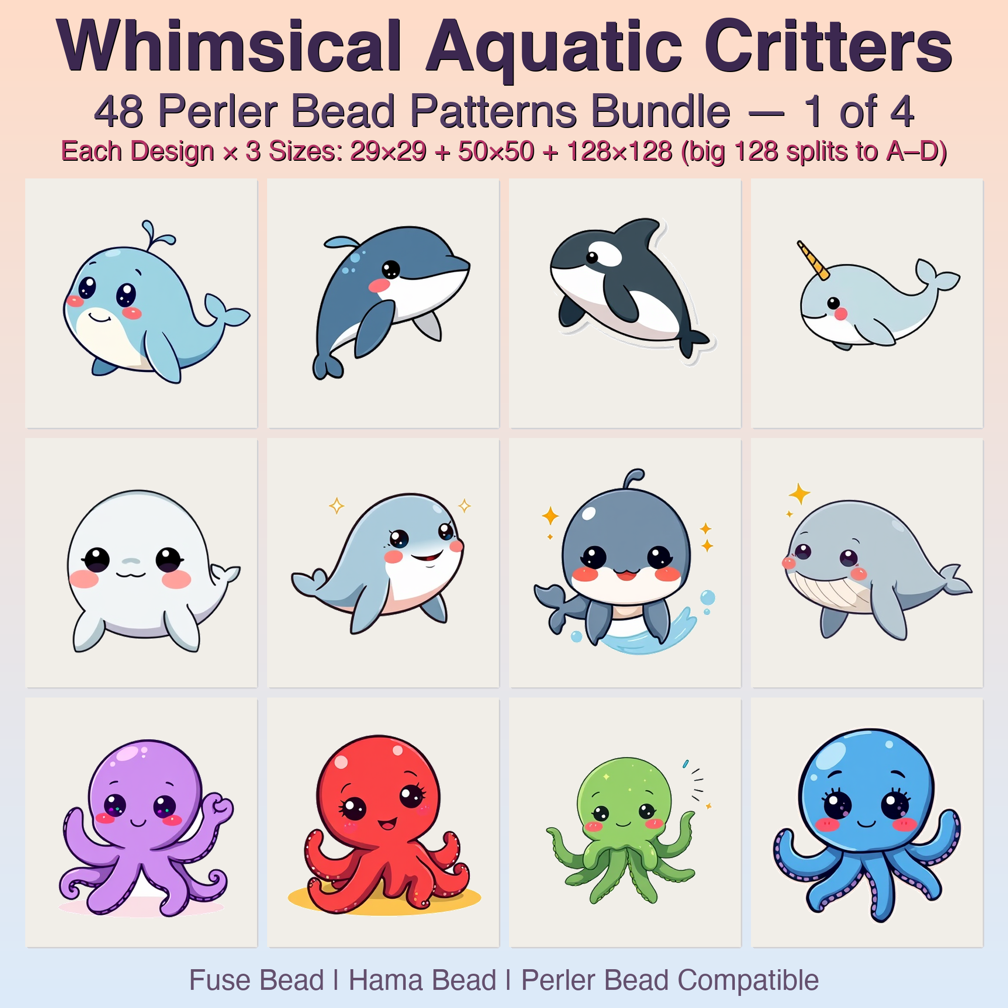 Whimsical Aquatic Critters Perler Bead Patterns, 48 Designs x 3 Grid Sizes (29x29 + 50x50 + 128x128), Fuse Bead PDF Digital Download