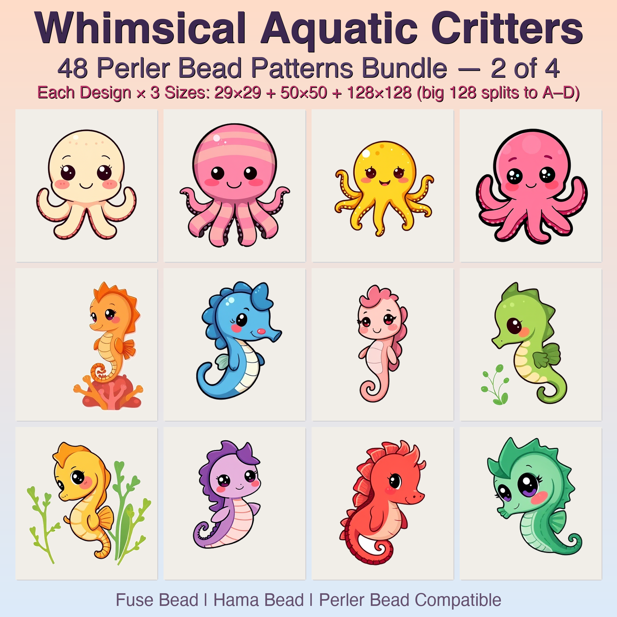 Whimsical Aquatic Critters Perler Bead Patterns, 48 Designs x 3 Grid Sizes (29x29 + 50x50 + 128x128), Fuse Bead PDF Digital Download