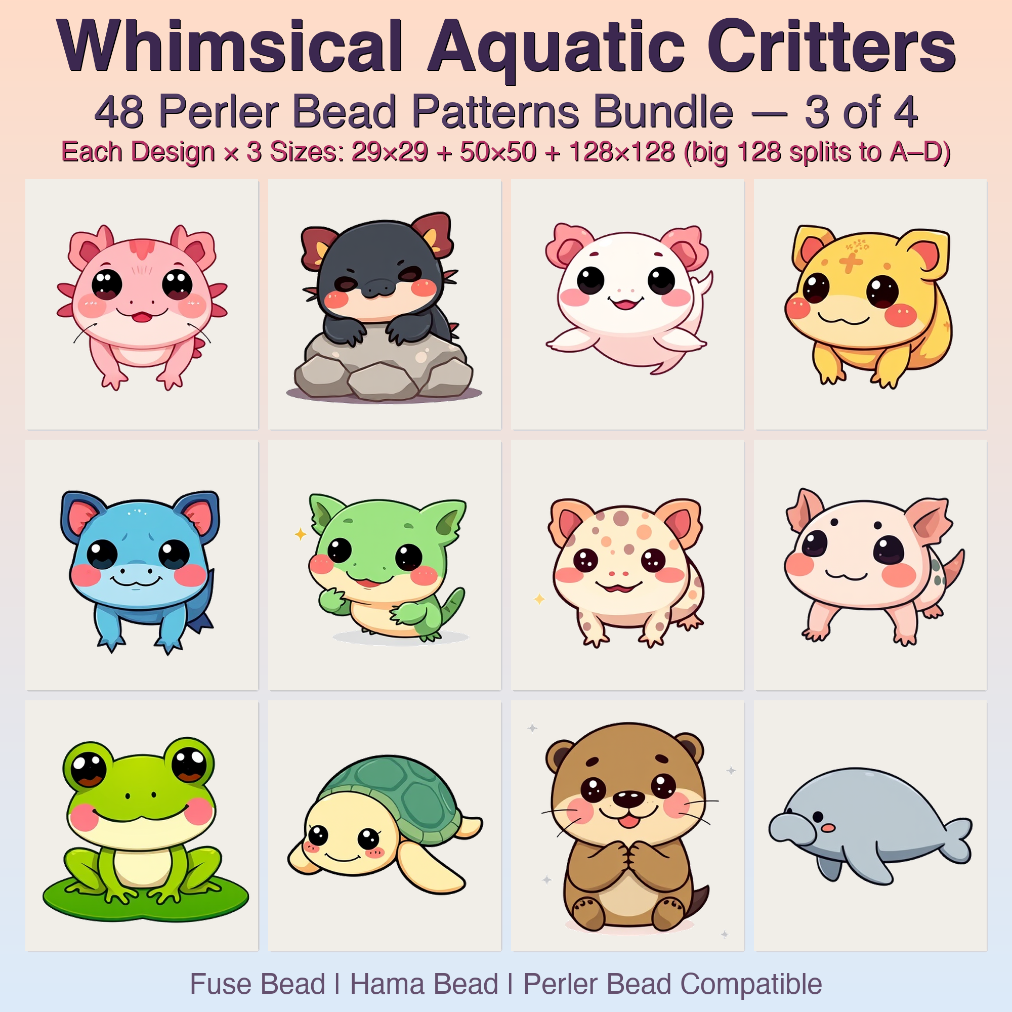 Whimsical Aquatic Critters Perler Bead Patterns, 48 Designs x 3 Grid Sizes (29x29 + 50x50 + 128x128), Fuse Bead PDF Digital Download
