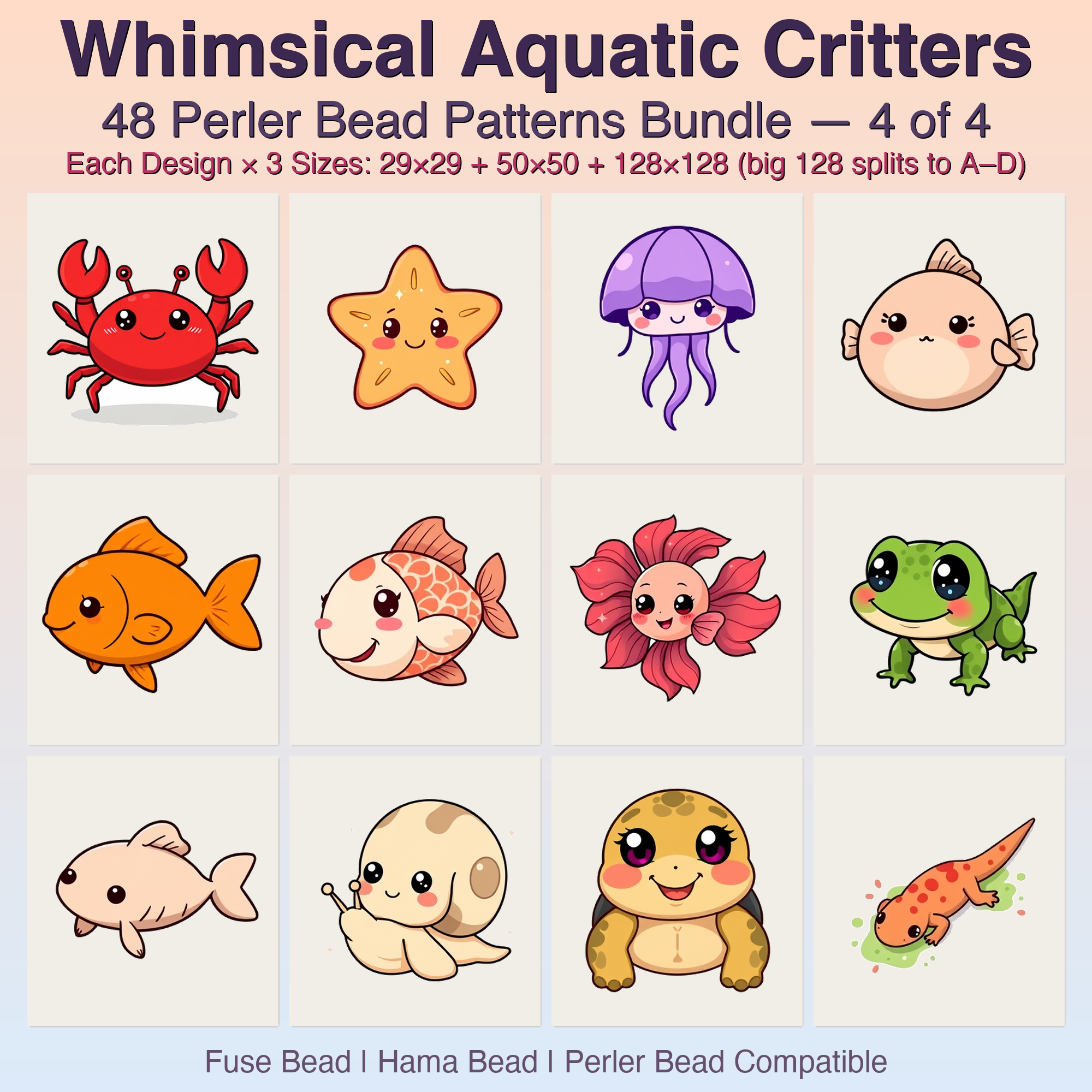 Whimsical Aquatic Critters Perler Bead Patterns, 48 Designs x 3 Grid Sizes (29x29 + 50x50 + 128x128), Fuse Bead PDF Digital Download