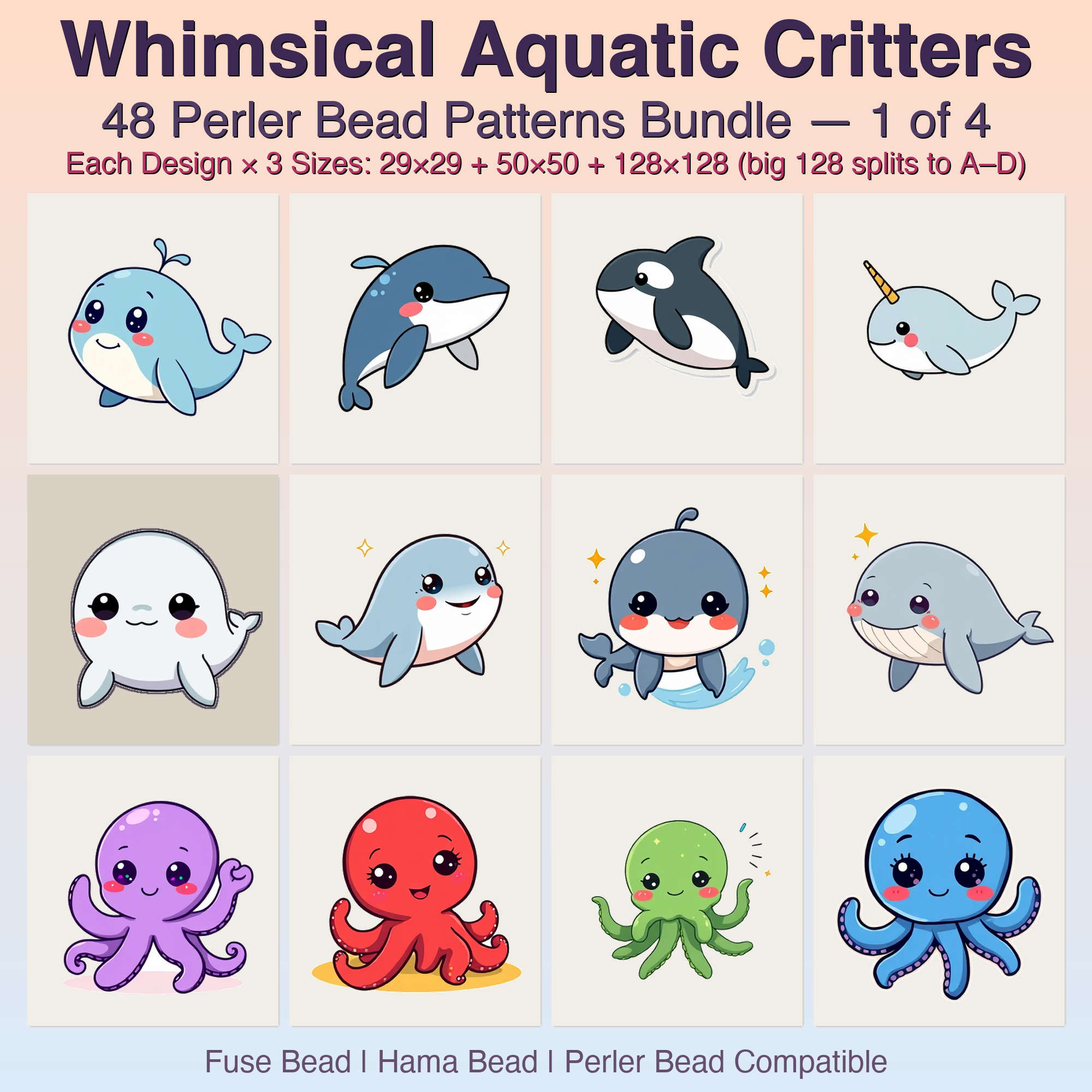 Whimsical Aquatic Critters Perler Bead Patterns, 48 Designs x 3 Grid Sizes (29x29 + 50x50 + 128x128), Fuse Bead PDF Digital Download