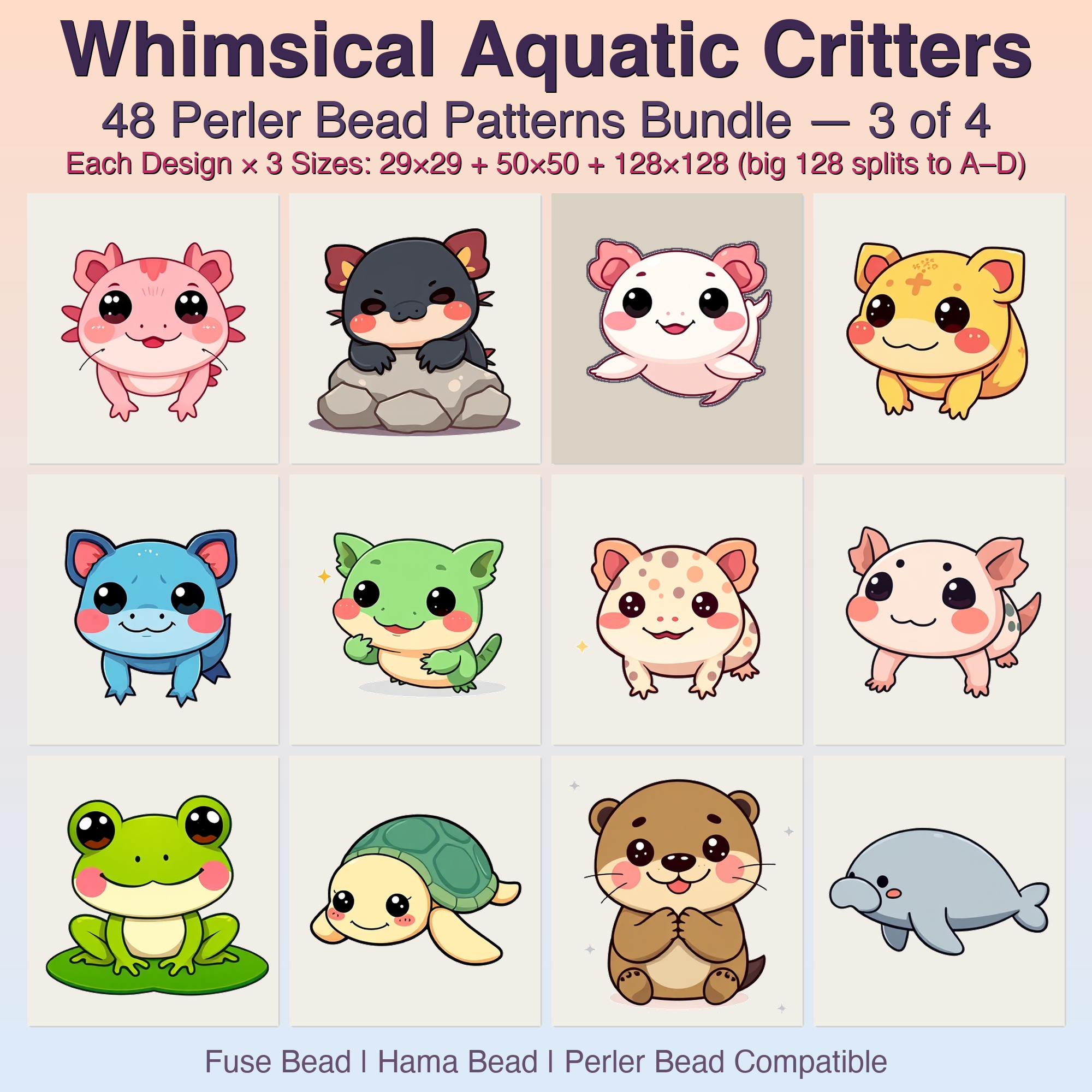 Whimsical Aquatic Critters Perler Bead Patterns, 48 Designs x 3 Grid Sizes (29x29 + 50x50 + 128x128), Fuse Bead PDF Digital Download