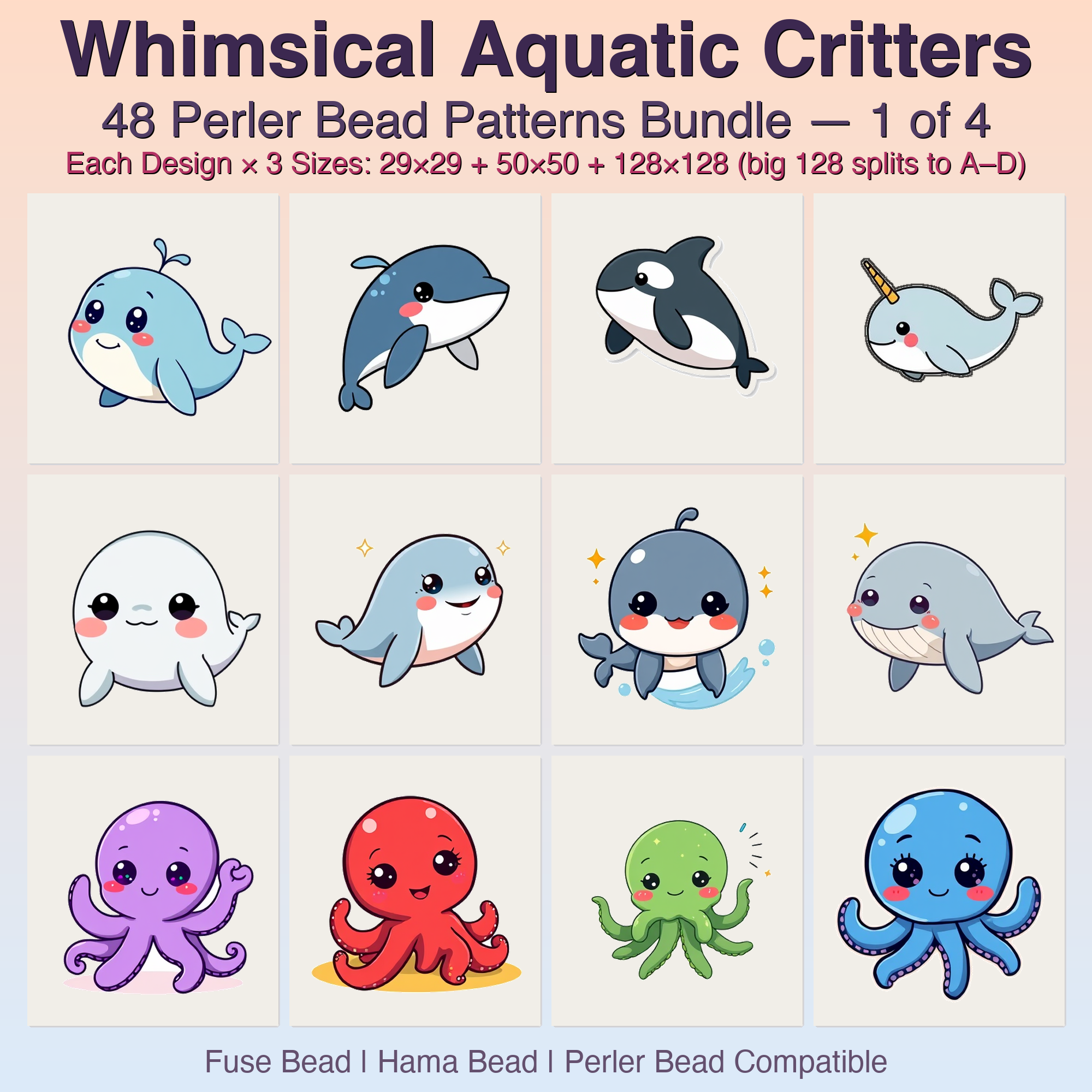 Whimsical Aquatic Critters Perler Bead Patterns, 48 Designs x 3 Grid Sizes (29x29 + 50x50 + 128x128), Fuse Bead PDF Digital Download