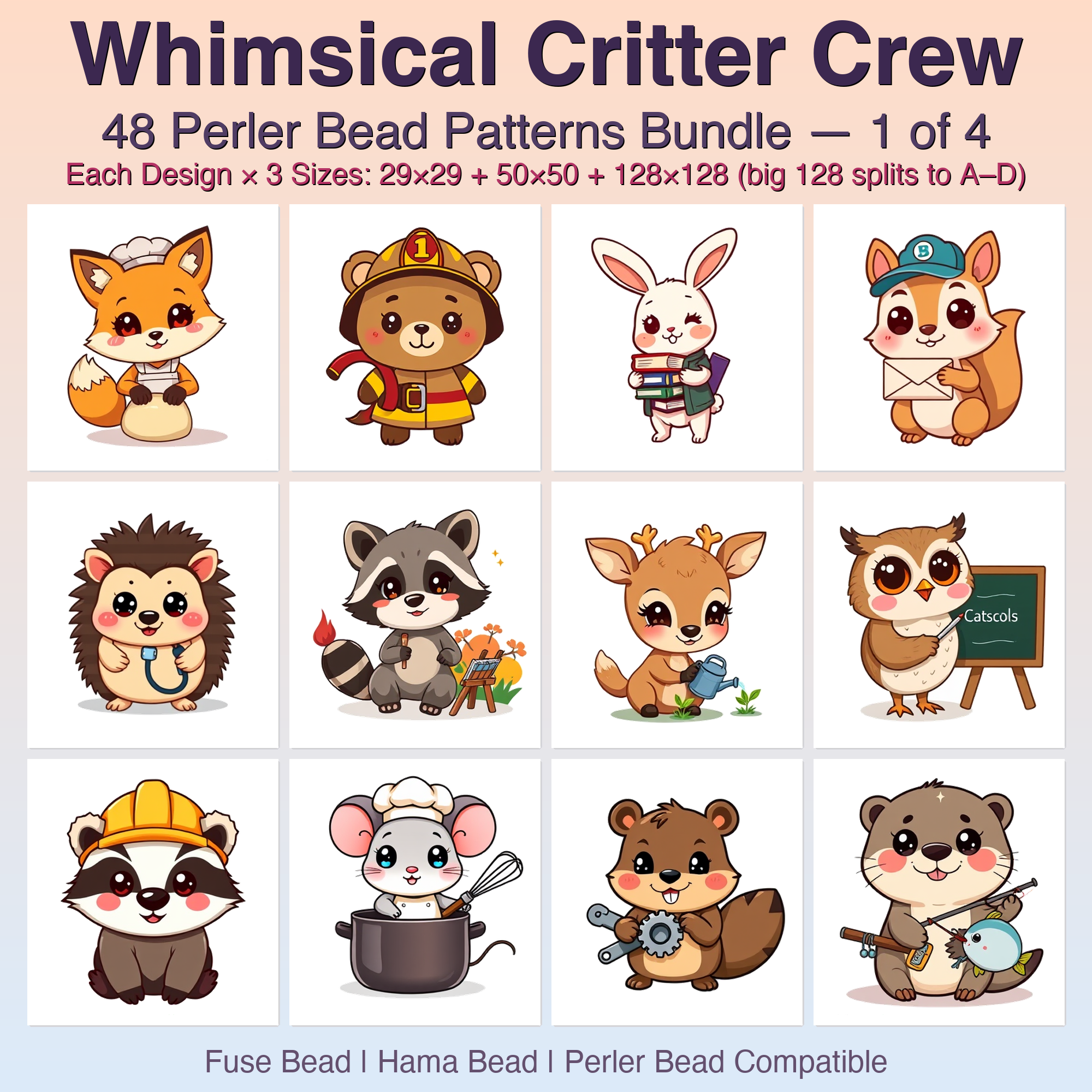 Whimsical Critter Crew Perler Bead Patterns Bundle, 48 Designs (PDF Digital Download)