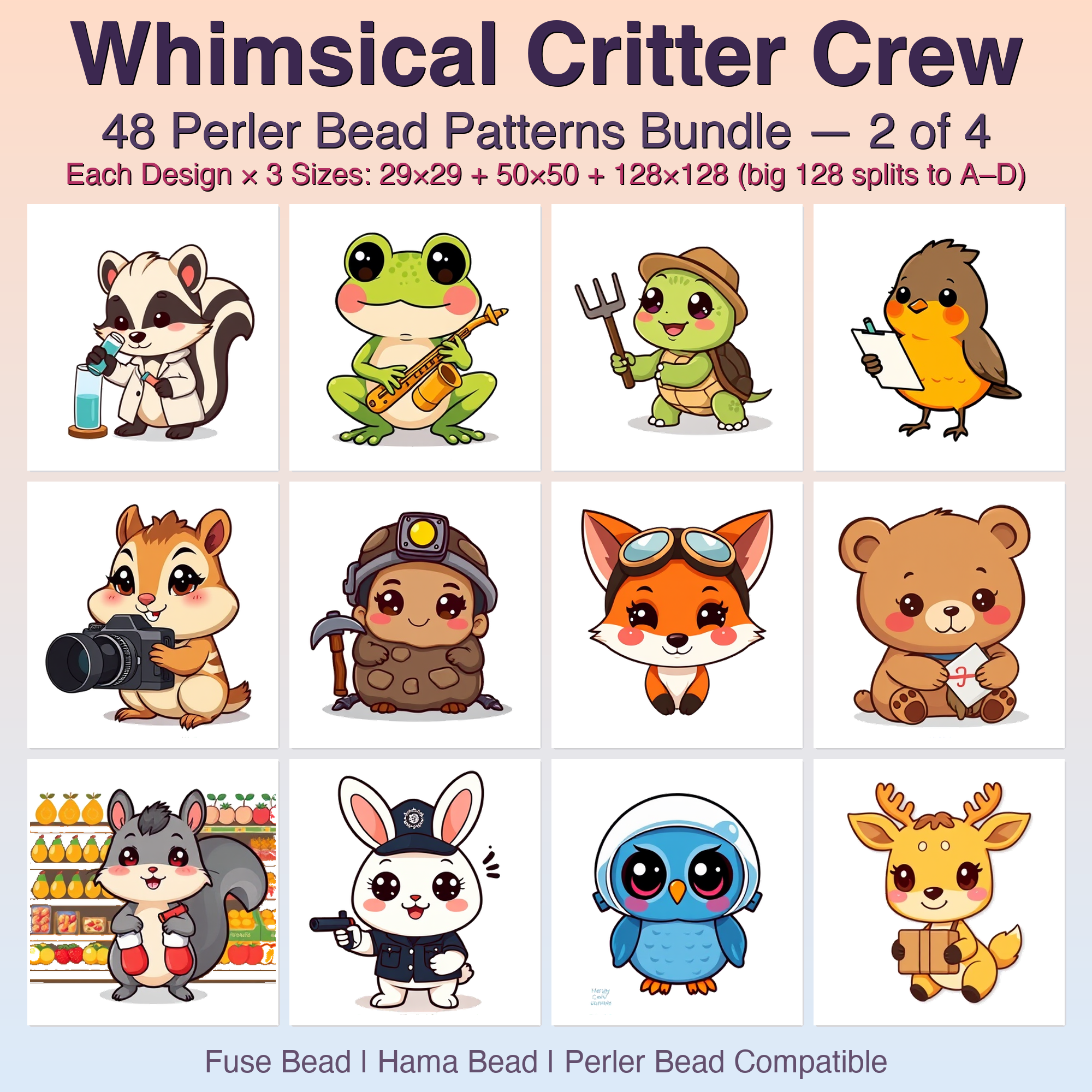 Whimsical Critter Crew Perler Bead Patterns Bundle, 48 Designs (PDF Digital Download)