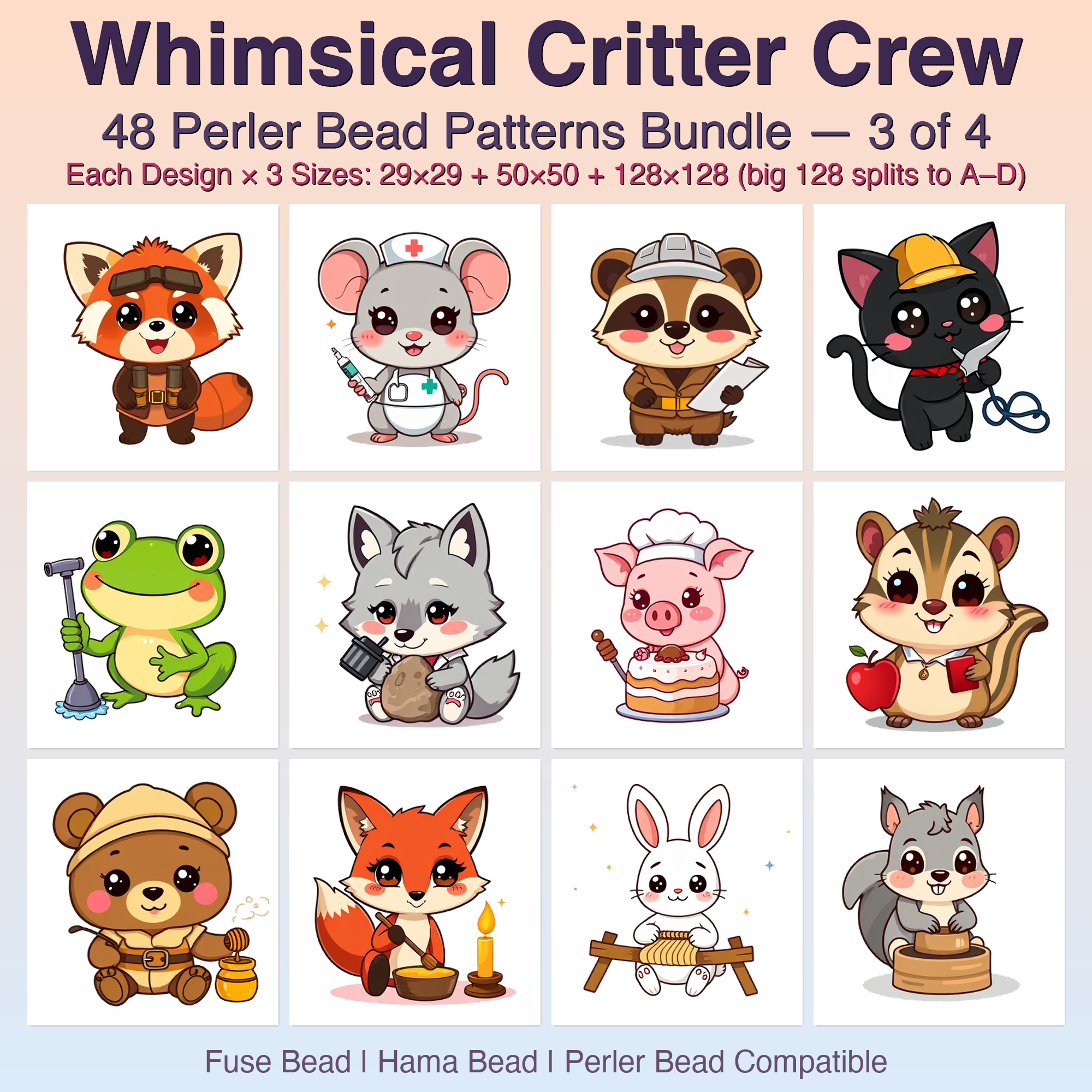 Whimsical Critter Crew Perler Bead Patterns Bundle, 48 Designs (PDF Digital Download)
