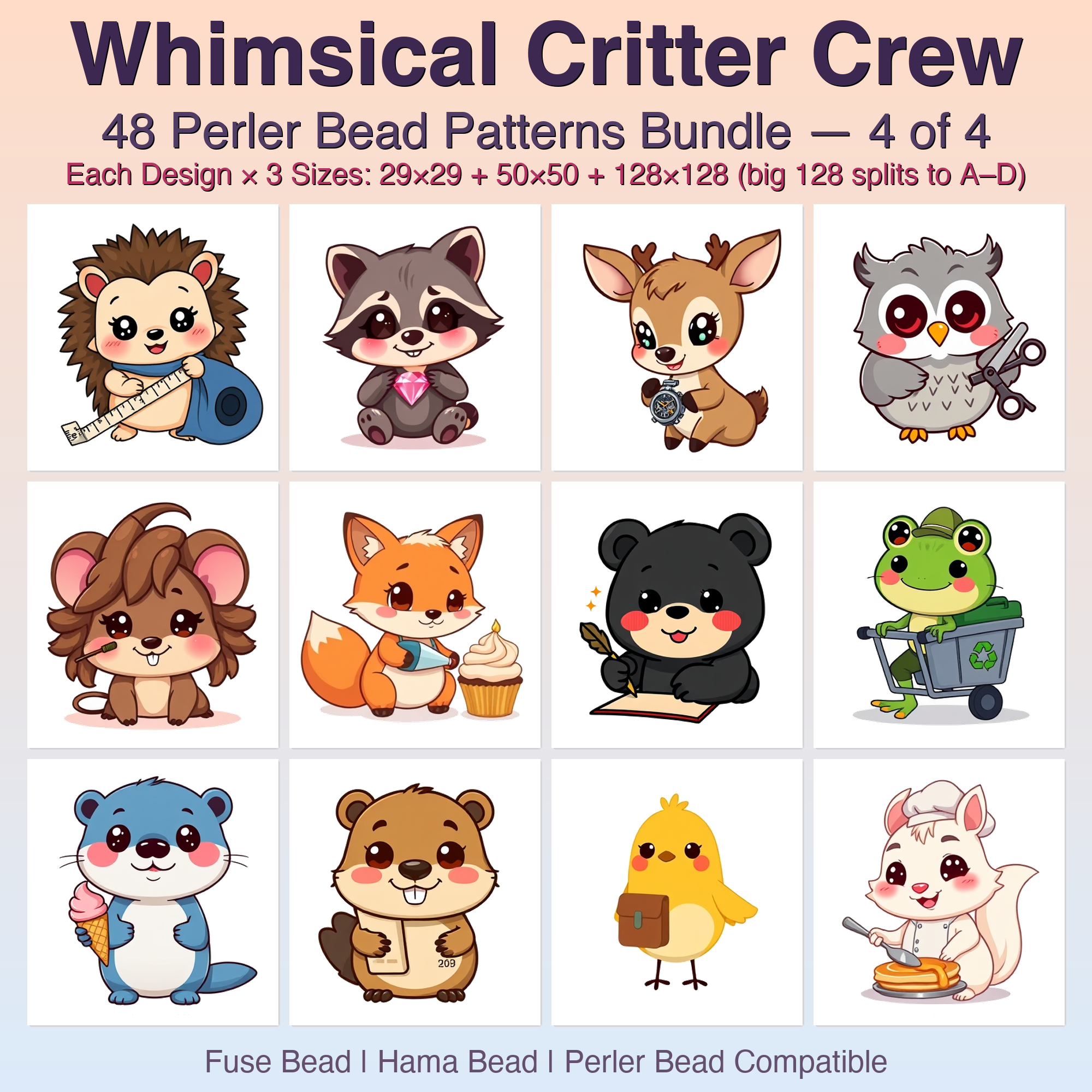 Whimsical Critter Crew Perler Bead Patterns Bundle, 48 Designs (PDF Digital Download)