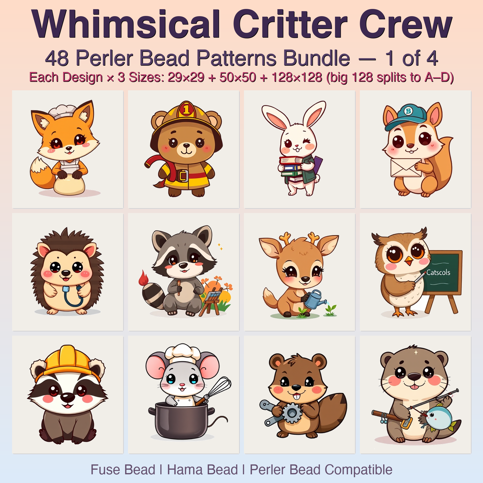 Whimsical Critter Crew Perler Bead Patterns Bundle, 48 Designs (PDF Digital Download)