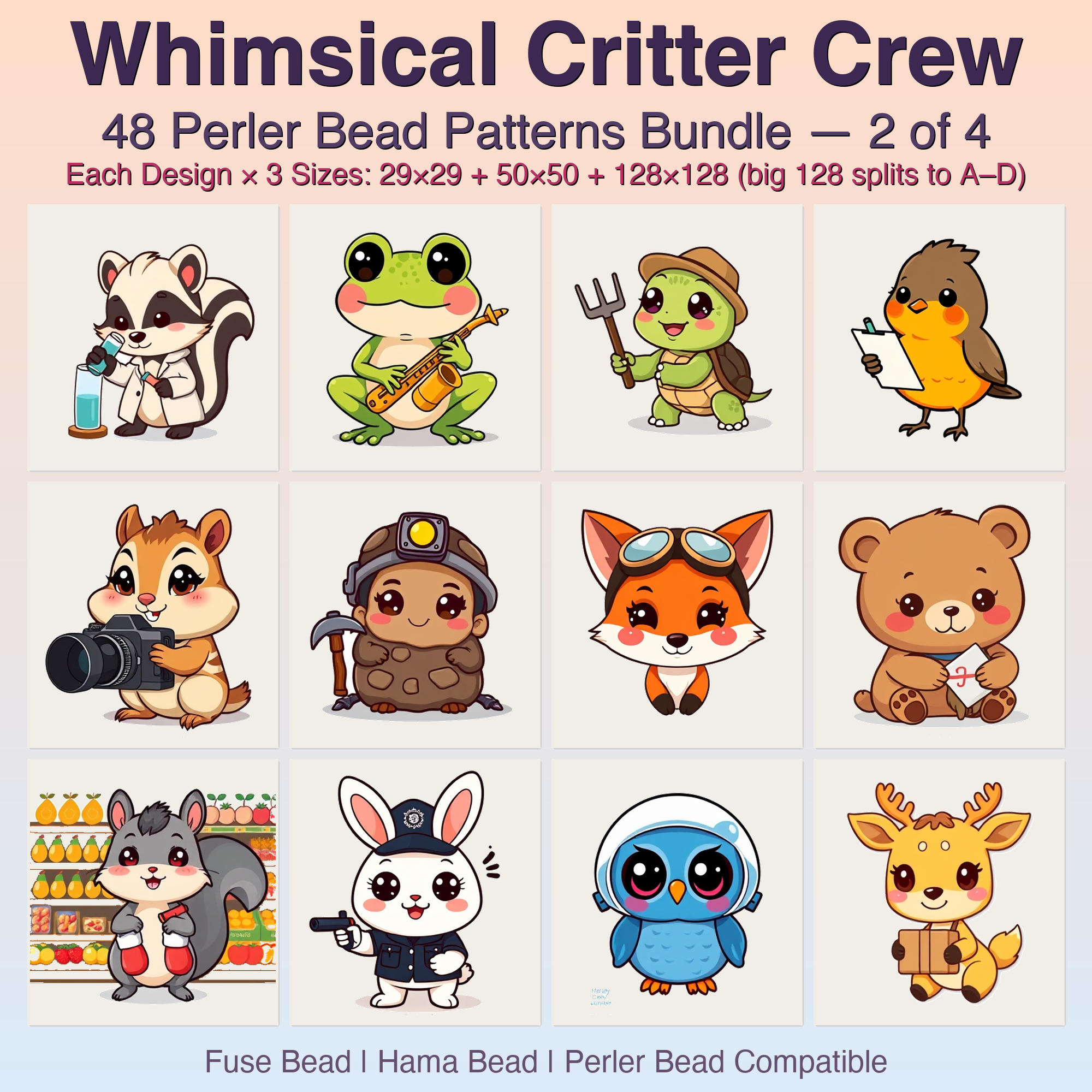 Whimsical Critter Crew Perler Bead Patterns Bundle, 48 Designs (PDF Digital Download)