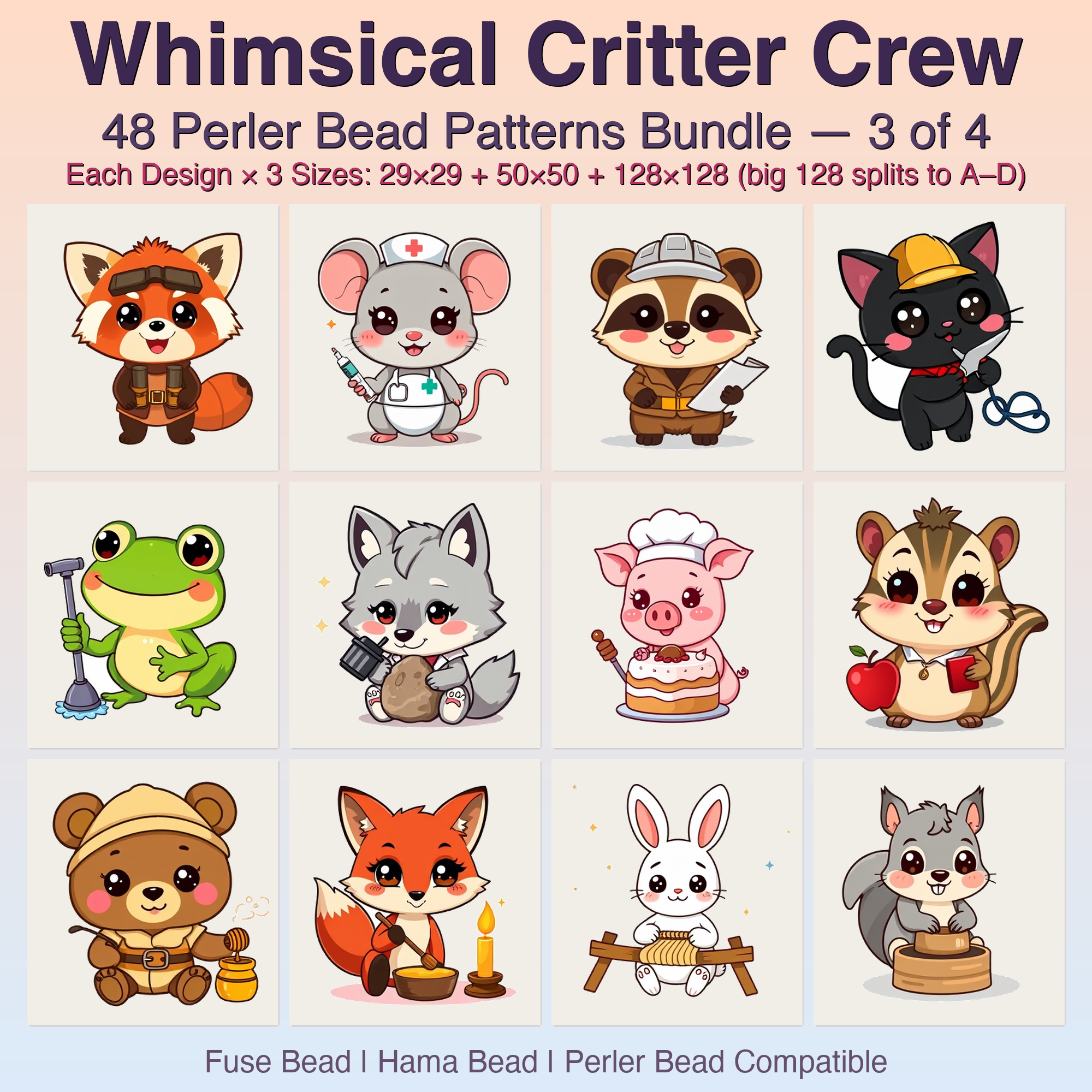 Whimsical Critter Crew Perler Bead Patterns Bundle, 48 Designs (PDF Digital Download)