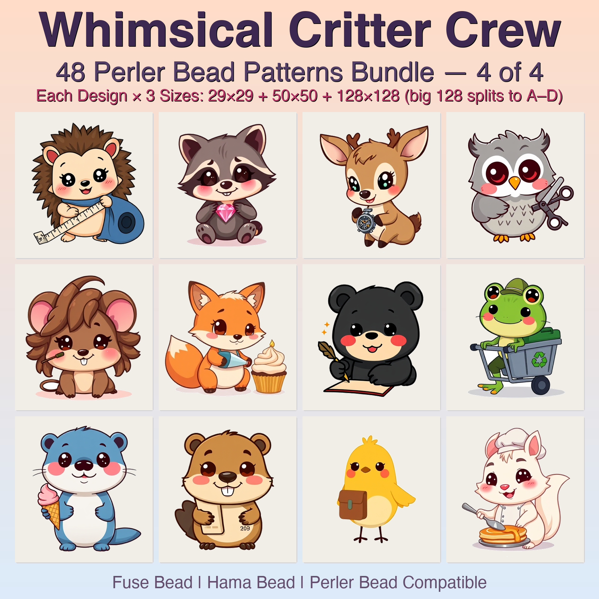 Whimsical Critter Crew Perler Bead Patterns Bundle, 48 Designs (PDF Digital Download)
