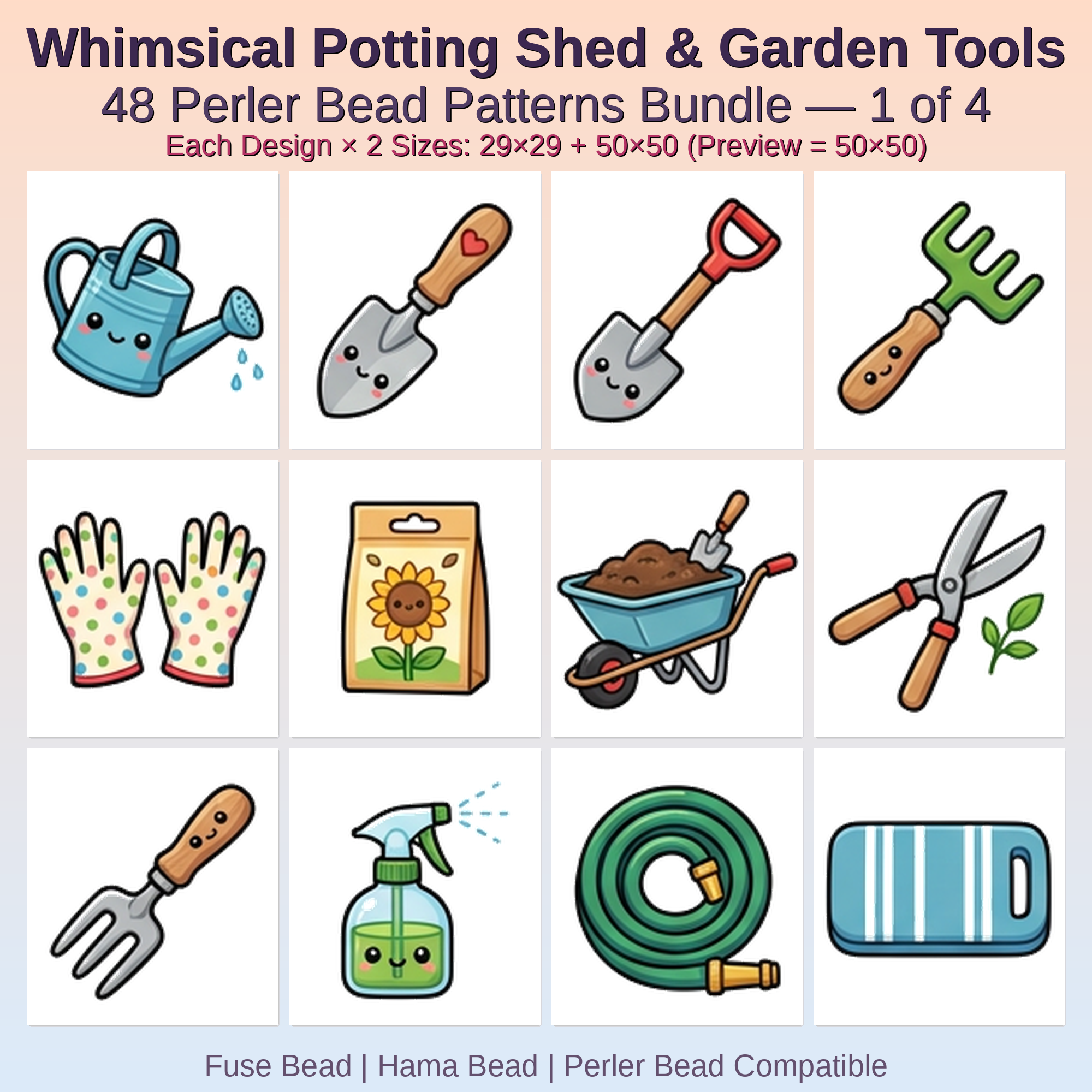 Whimsical Potting Shed & Garden Tools Perler Bead Patterns Bundle, 48 Designs (PDF Digital Download)