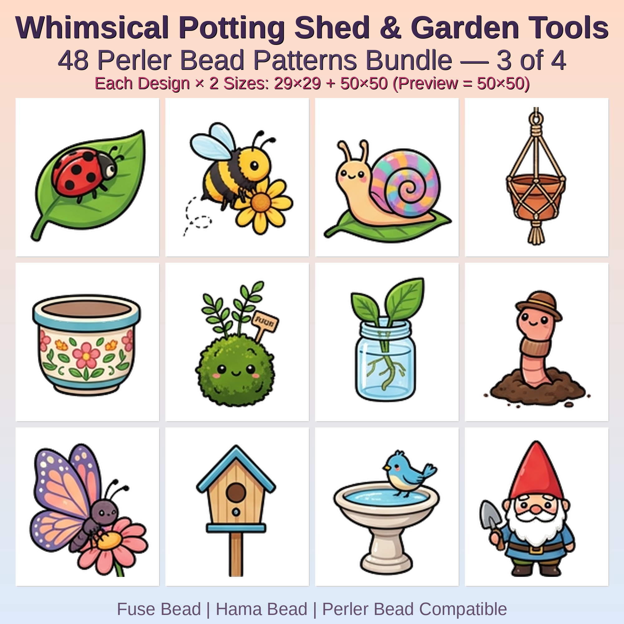 Whimsical Potting Shed & Garden Tools Perler Bead Patterns Bundle, 48 Designs (PDF Digital Download)