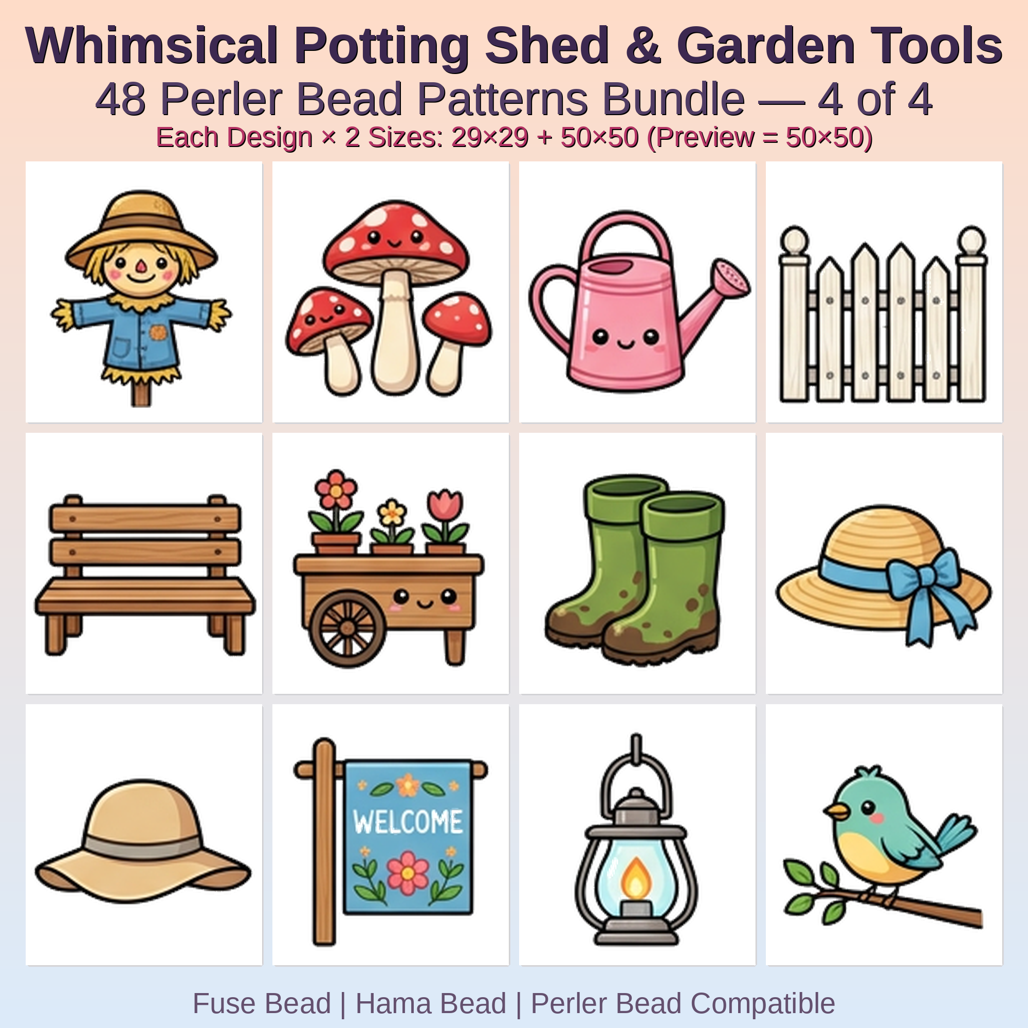 Whimsical Potting Shed & Garden Tools Perler Bead Patterns Bundle, 48 Designs (PDF Digital Download)