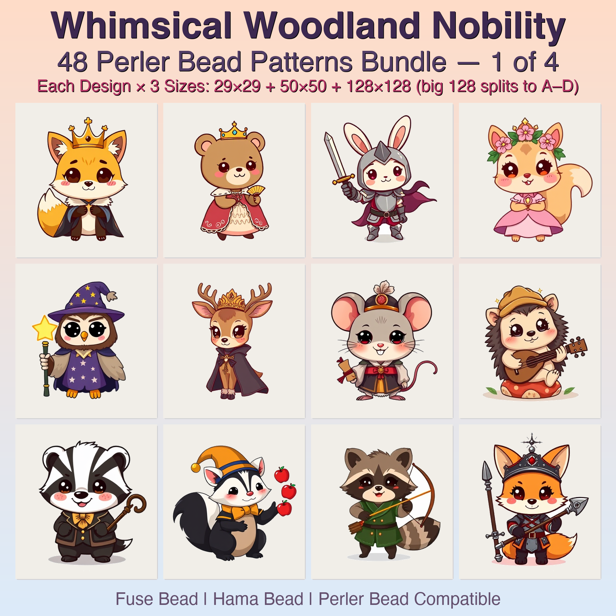 Whimsical Woodland Nobility Perler Bead Patterns, 48 Designs x 3 Grid Sizes (29x29 + 50x50 + 128x128), Fuse Bead PDF Digital Download