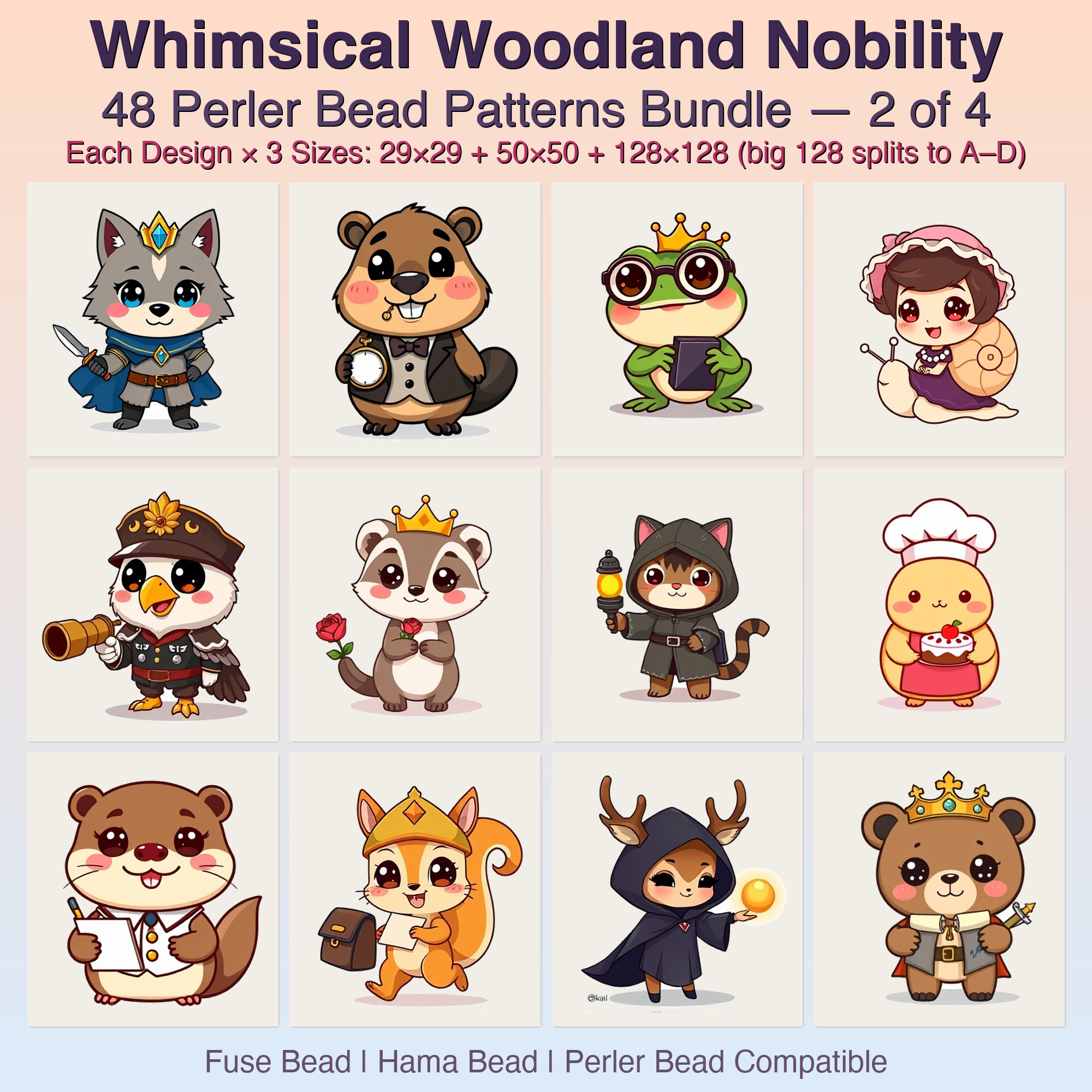 Whimsical Woodland Nobility Perler Bead Patterns, 48 Designs x 3 Grid Sizes (29x29 + 50x50 + 128x128), Fuse Bead PDF Digital Download